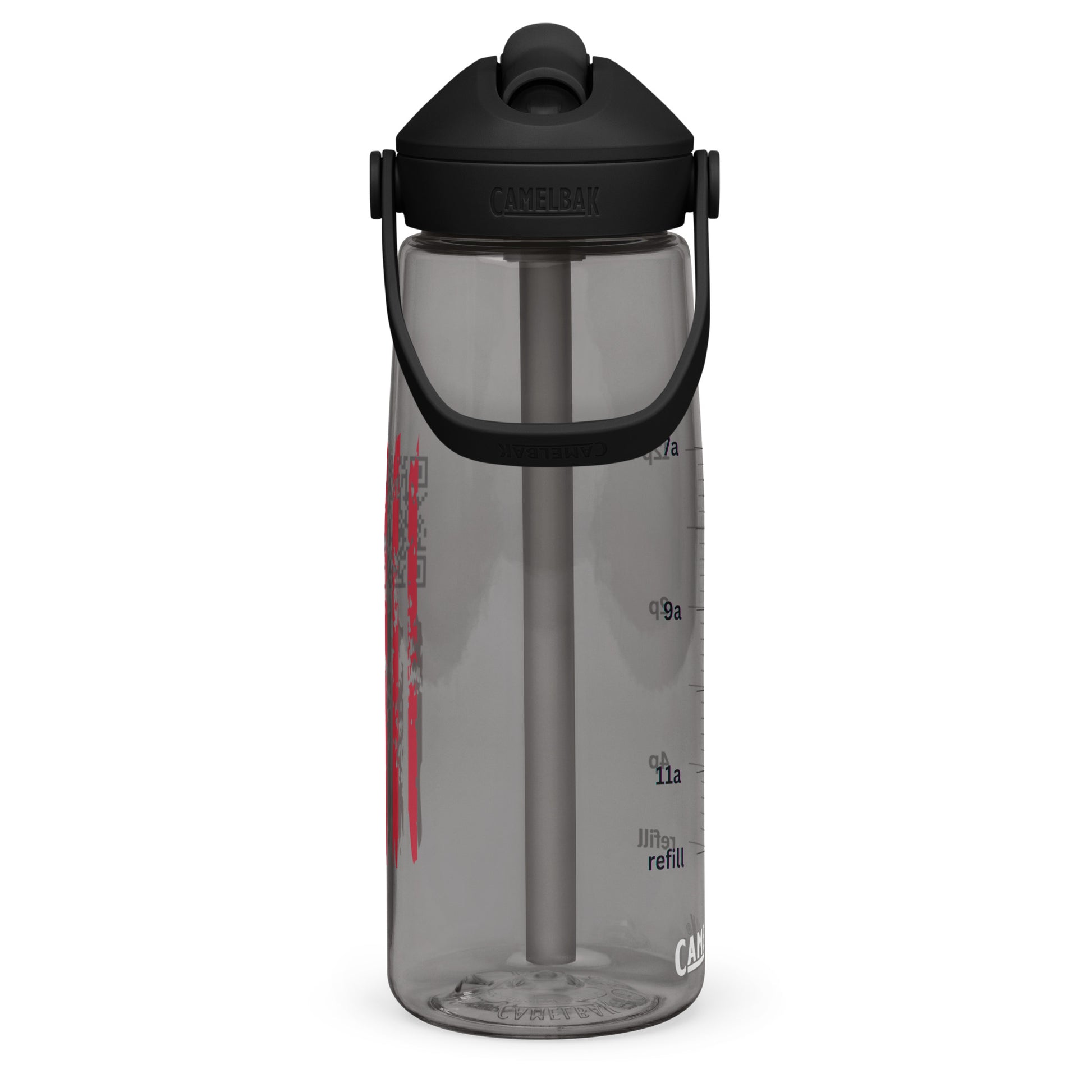 Charcoal gray CamelBak Chute bottle front, flip lid detailed, oz scale, and red stripe graphics