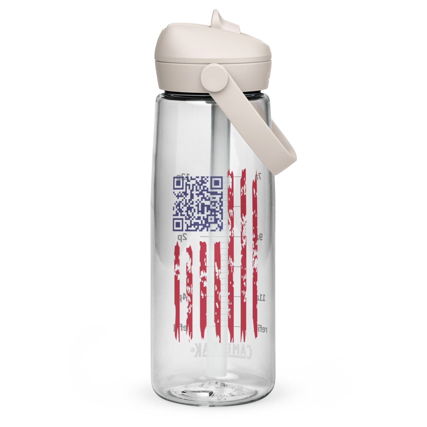 Clear CamelBak water bottle front showing blue Trump Dance QR code blended with red-white USA flag stripes and oz lines