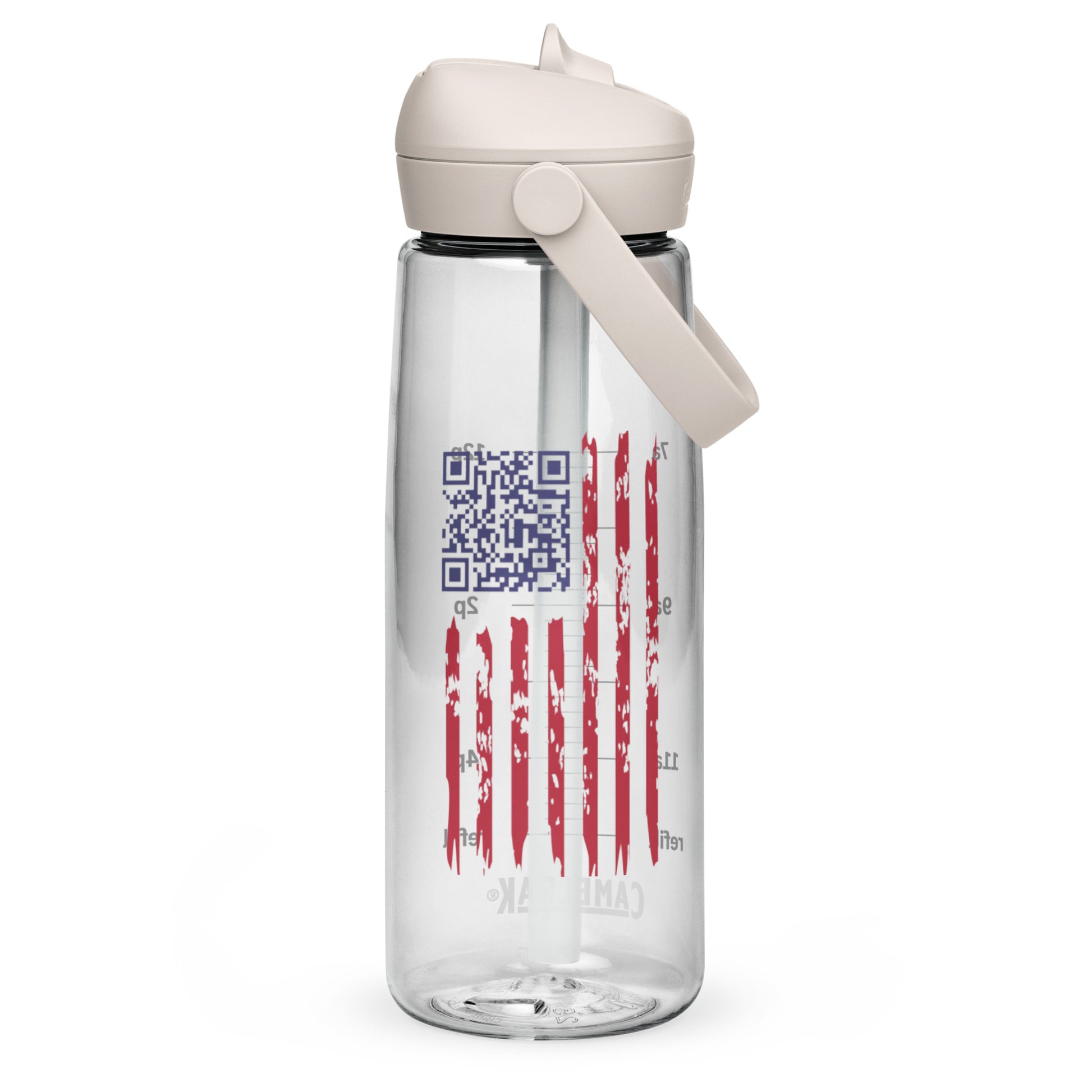 Clear CamelBak water bottle front showing blue Trump Dance QR code blended with red-white USA flag stripes and oz lines