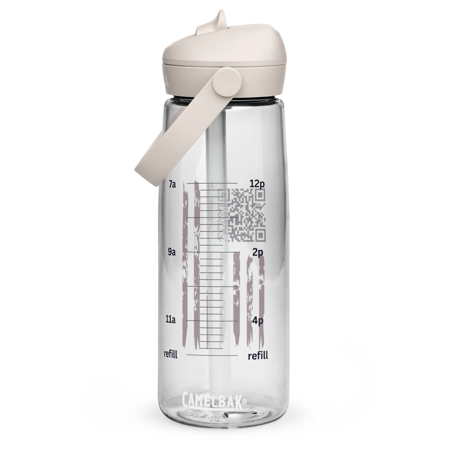 Front view of clear CamelBak flip straw bottle with tall grayscale Trump Dance QR code and oz markings (12oz to refill)