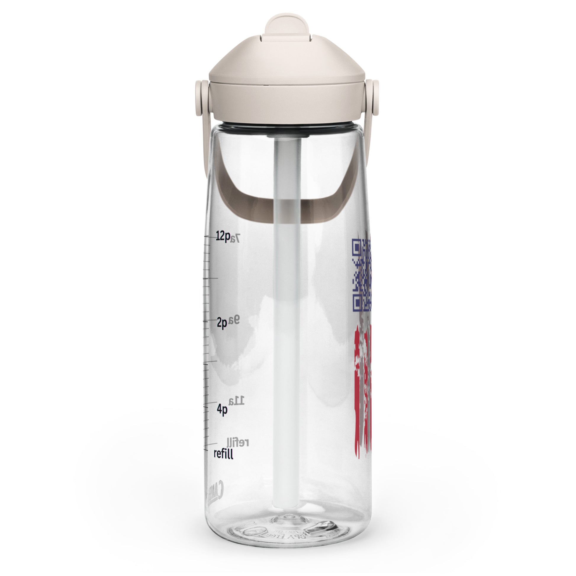 Clear CamelBak flip straw bottle with open lid, curved straw, 12oz to 4oz markings, and red flag stripes