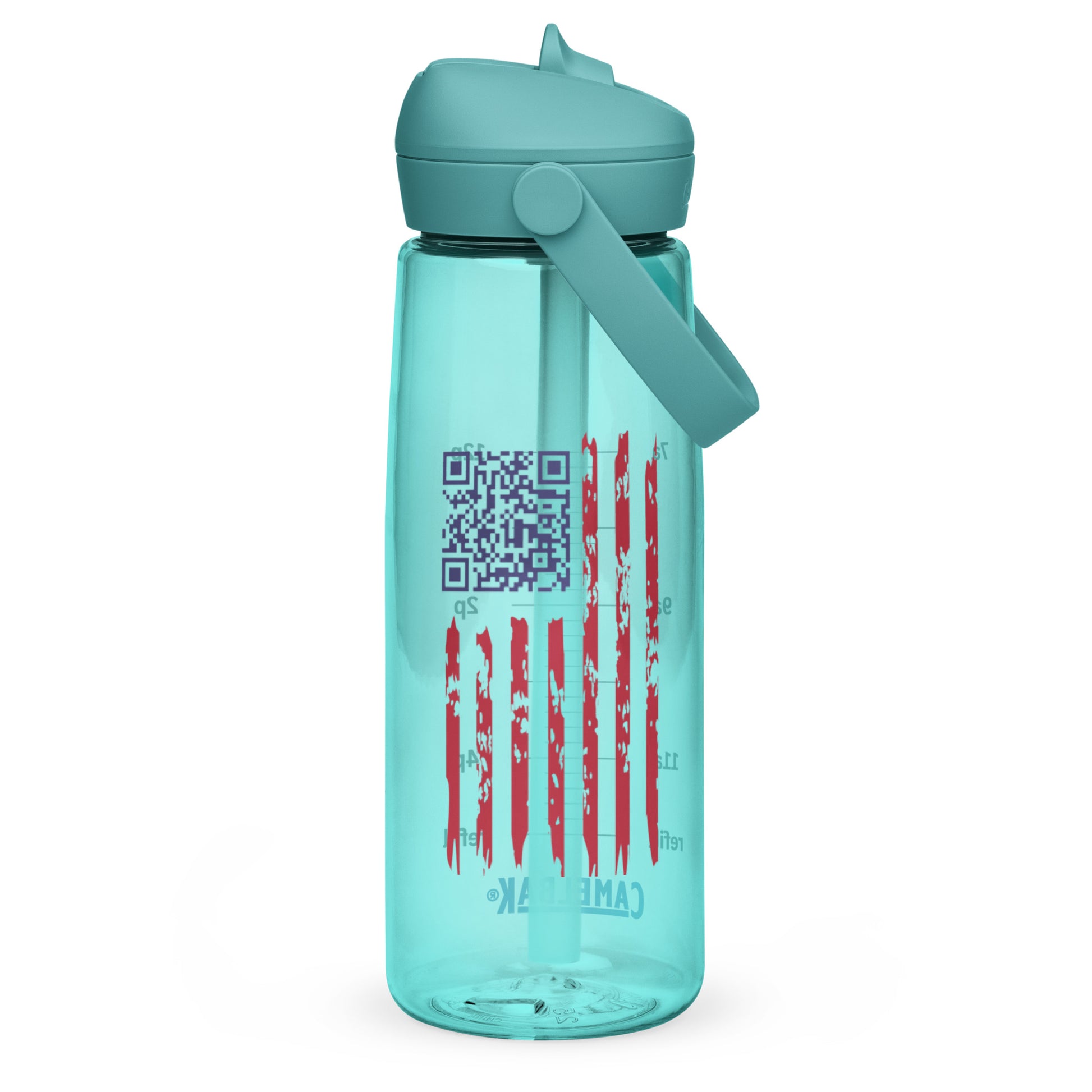 Teal cove water bottle close-up on blue QR code Trump Dance print with distressed flag stripes