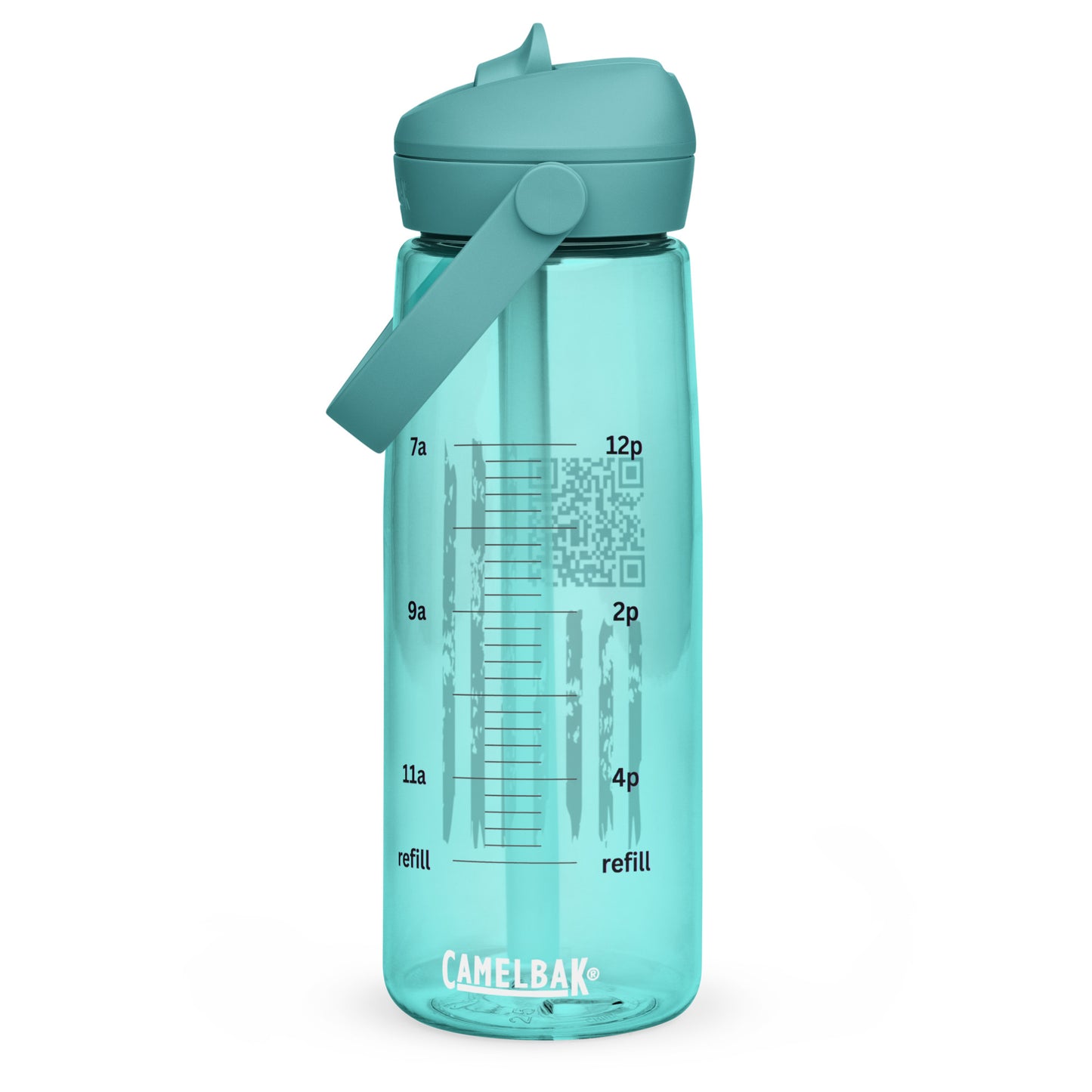 Cove blue CamelBak flip straw bottle front with Trump Dance QR code amid 2-12oz measurements