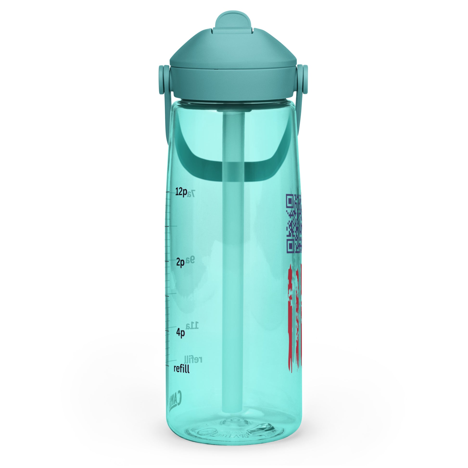 Cove teal bottle side view, flip lid open-ish, oz markings (4-12oz) and red stripe details