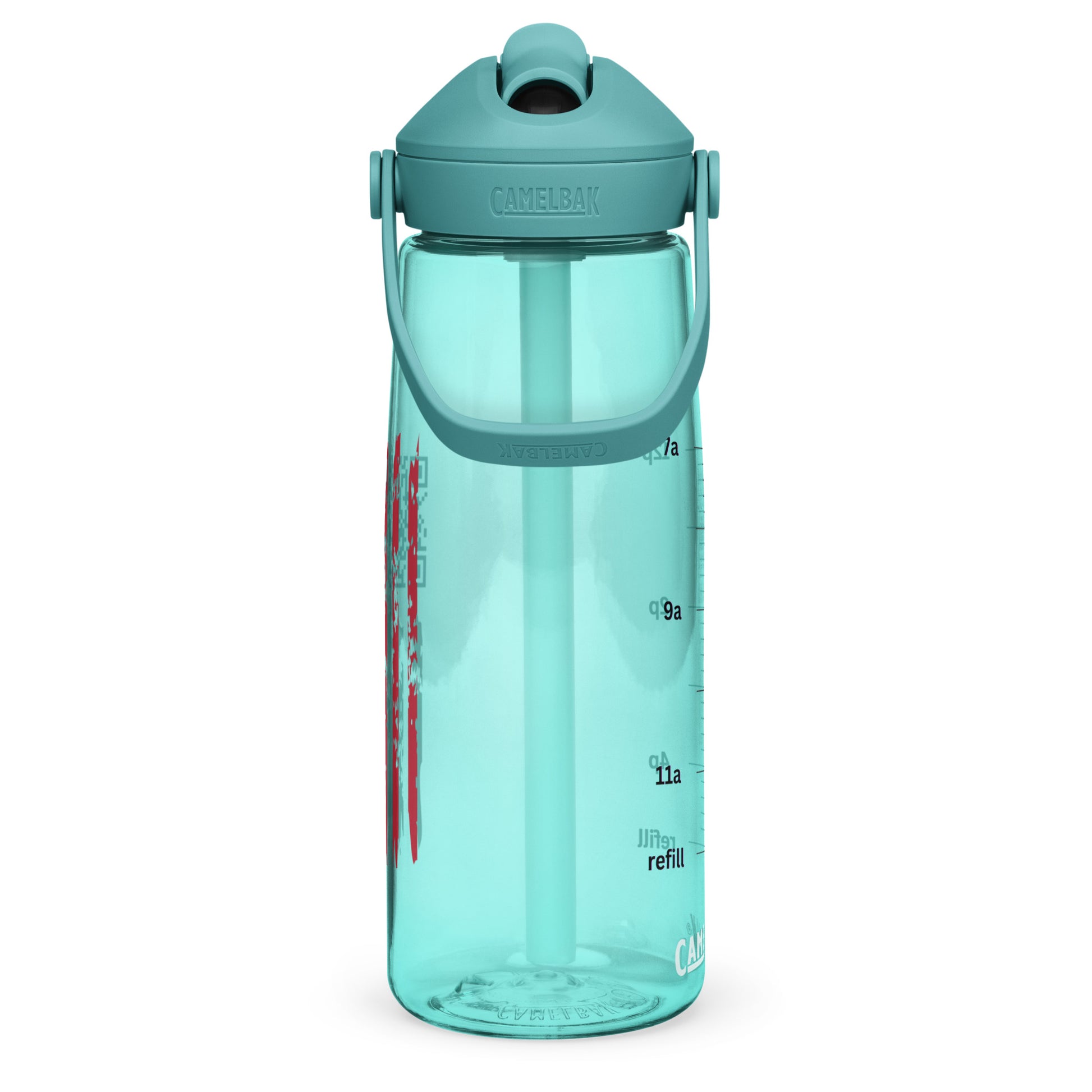 Teal cove CamelBak bottle angled, CamelBak branding, oz scale, and flag stripe accents