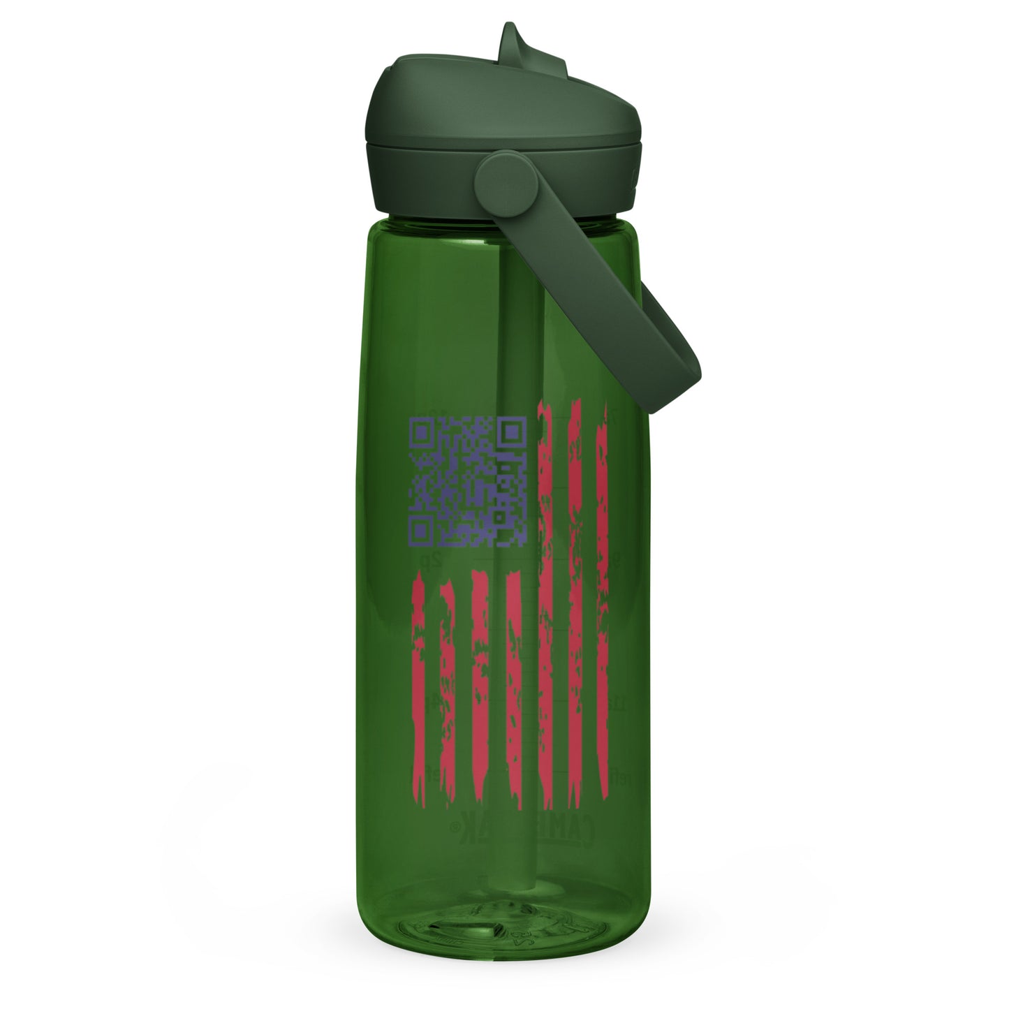 Close-up on forest green bottle's Trump Dance QR code over distressed red-white flag stripes
