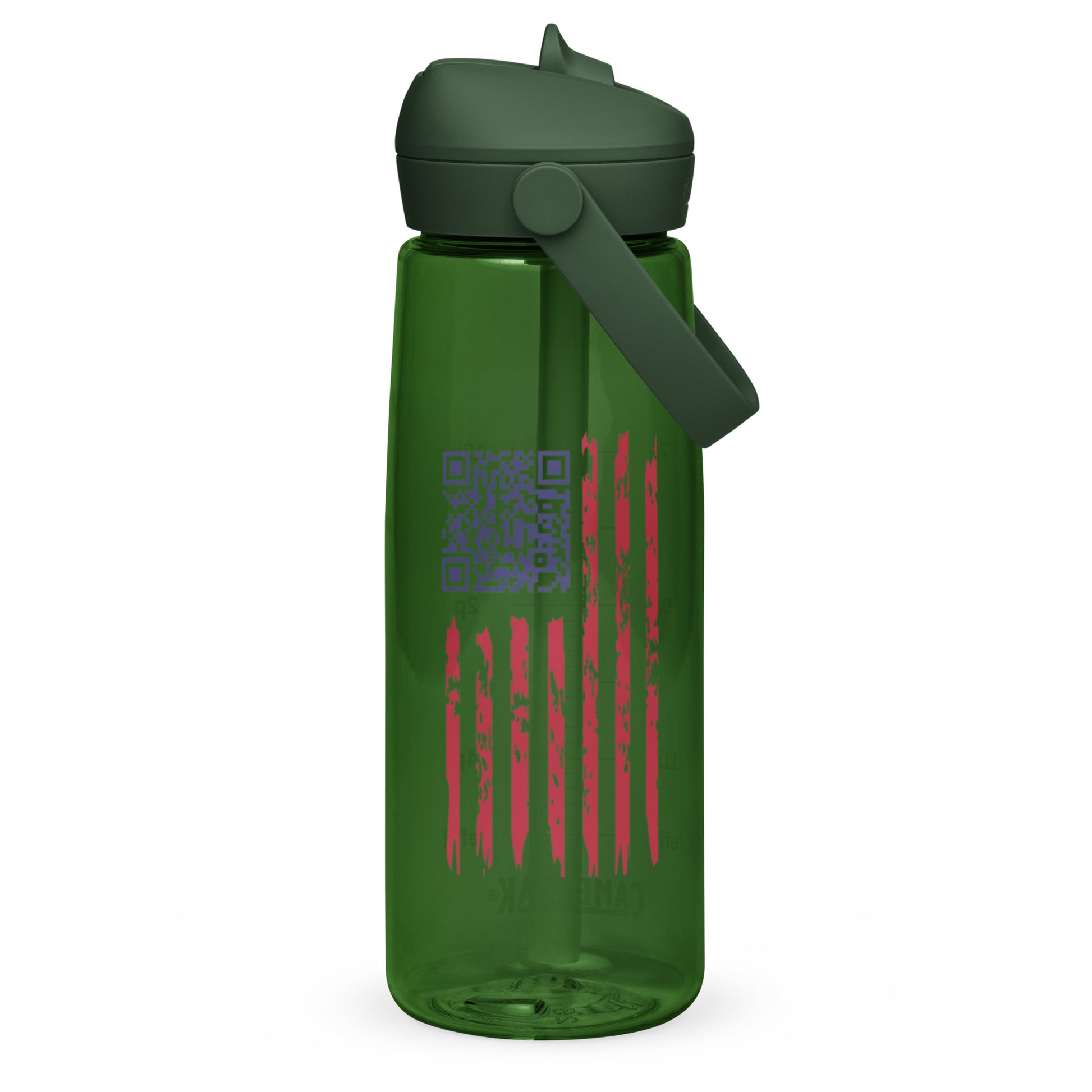 Close-up on forest green bottle's Trump Dance QR code over distressed red-white flag stripes
