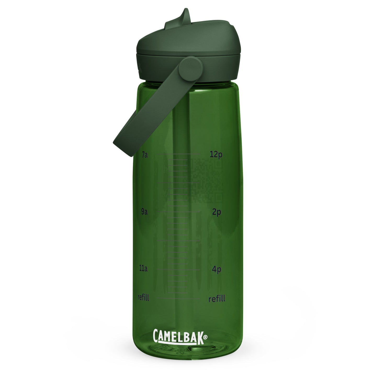 Forest green CamelBak 25oz water bottle front, oz scale from 2-12oz with "refill" lines and CamelBak logo