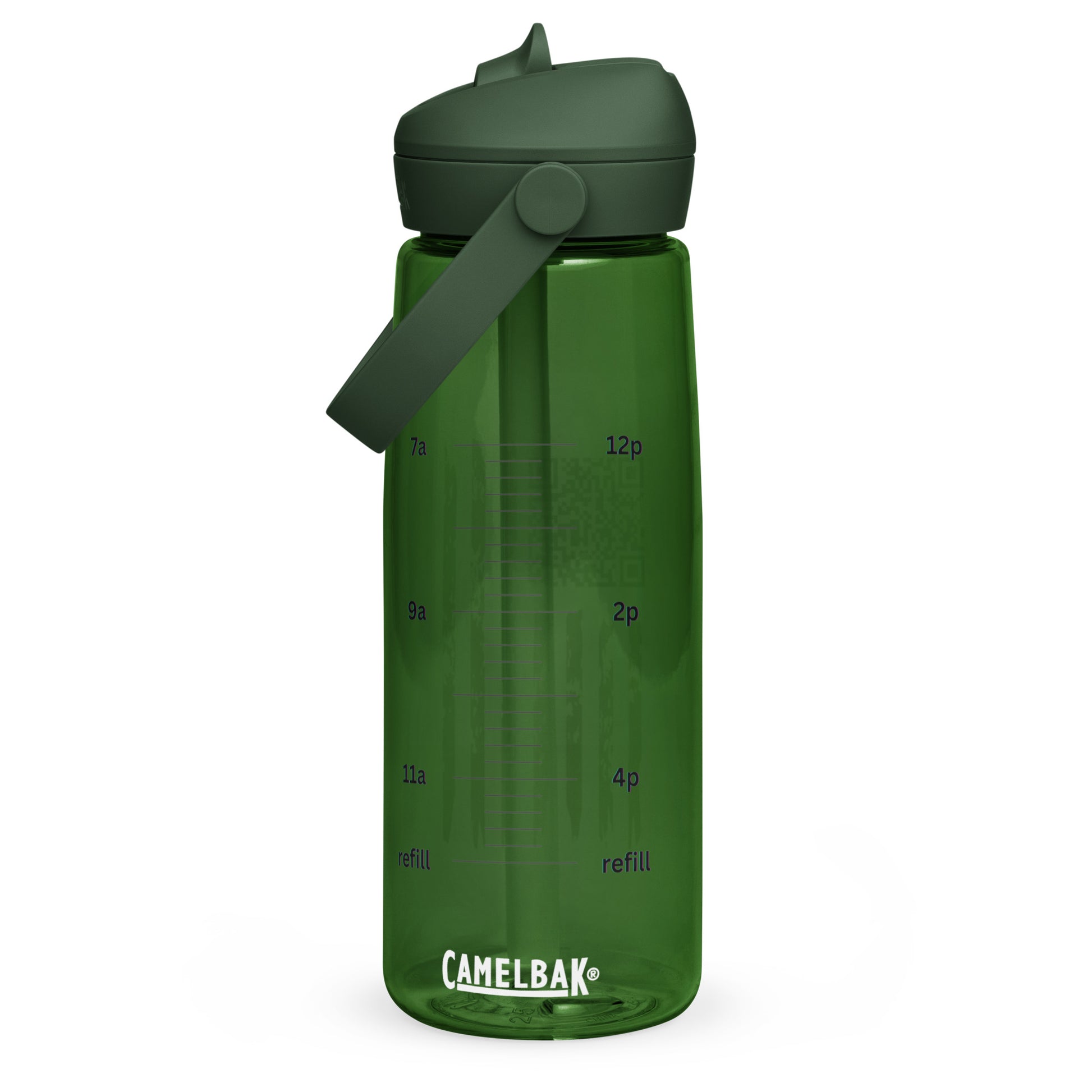 Forest green CamelBak 25oz water bottle front, oz scale from 2-12oz with "refill" lines and CamelBak logo