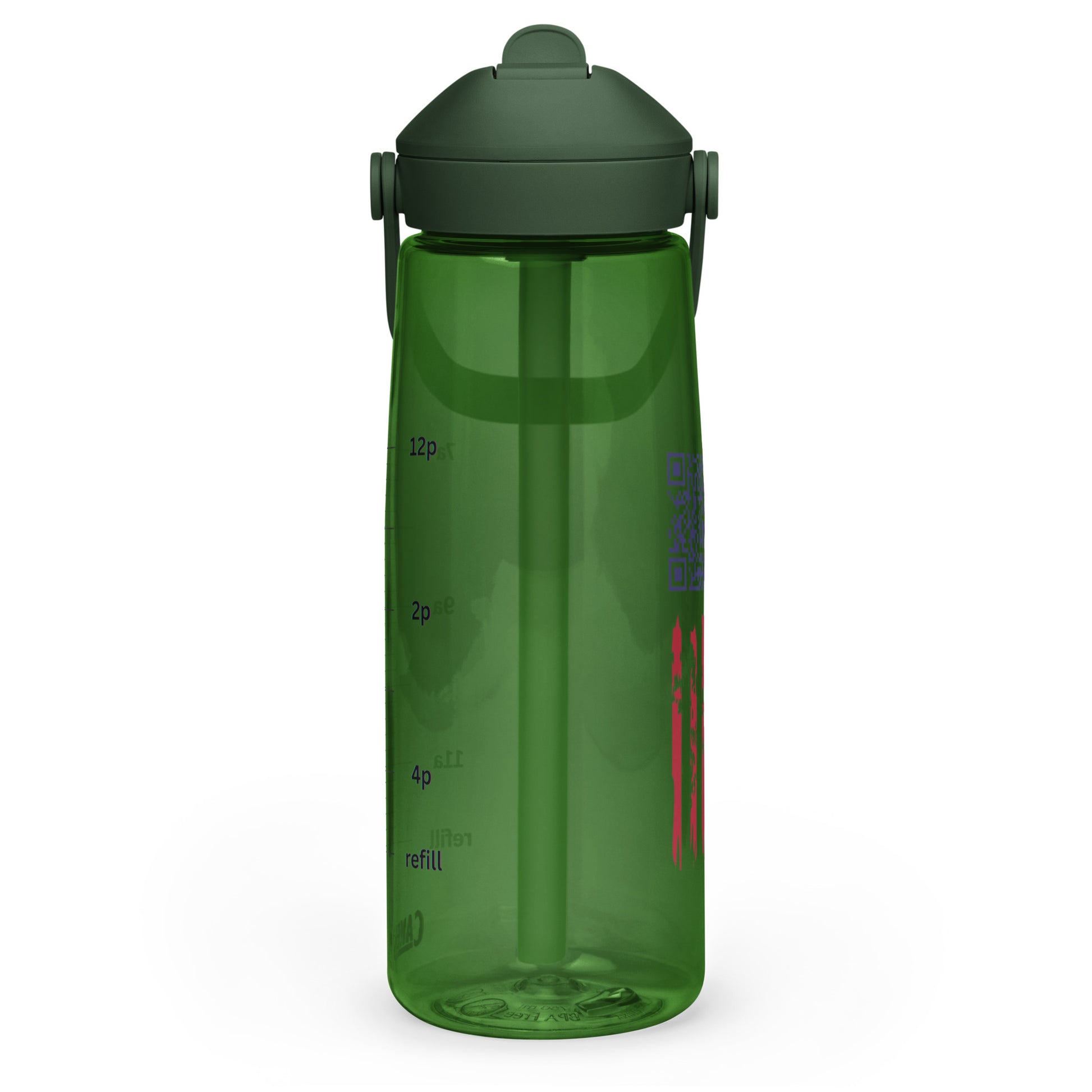 Side angle of forest green CamelBak bottle showing bite straw, oz markings (2-12oz), and red stripe accents