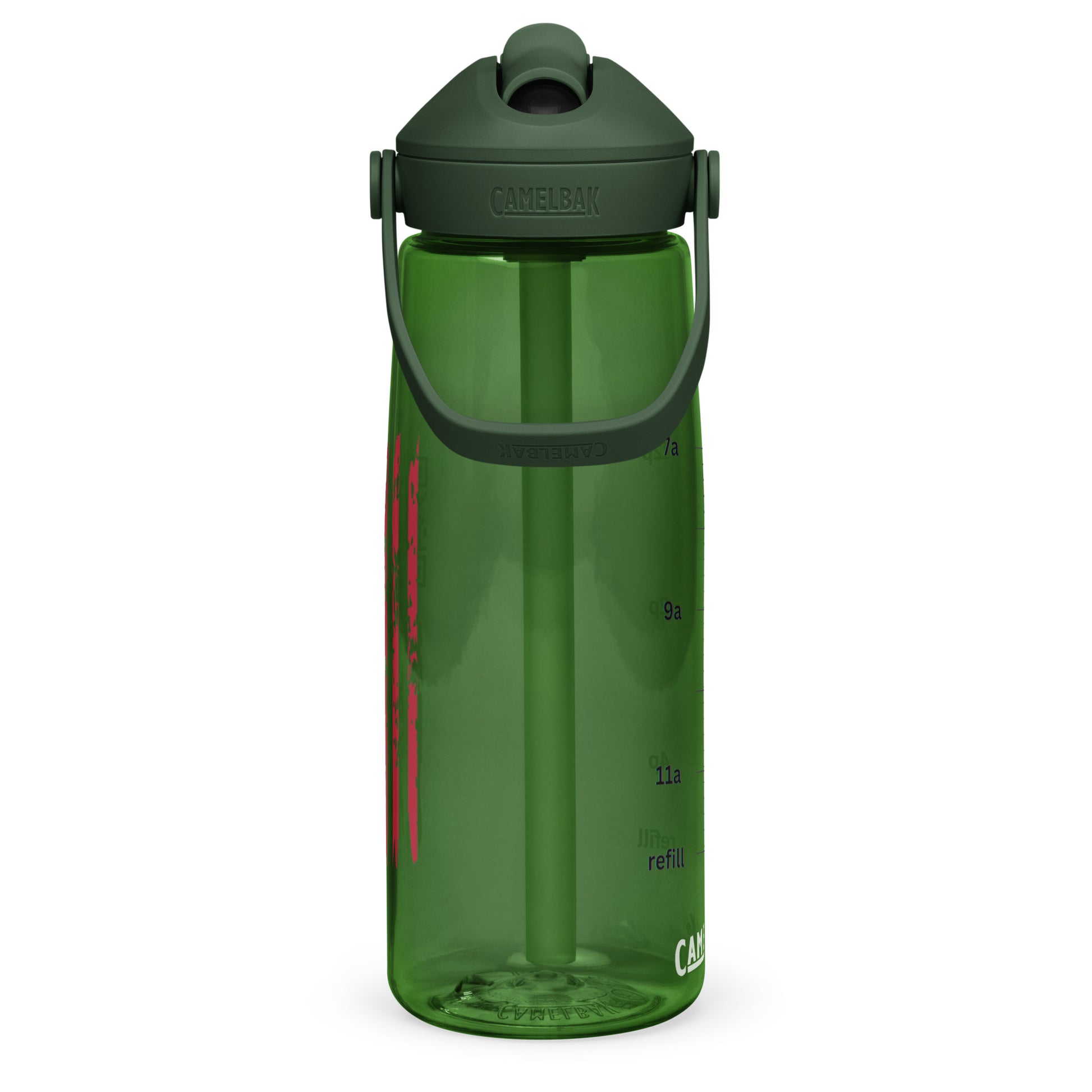 Forest green flip straw water bottle with CamelBak lid, carry handle, and partial oz scale visible