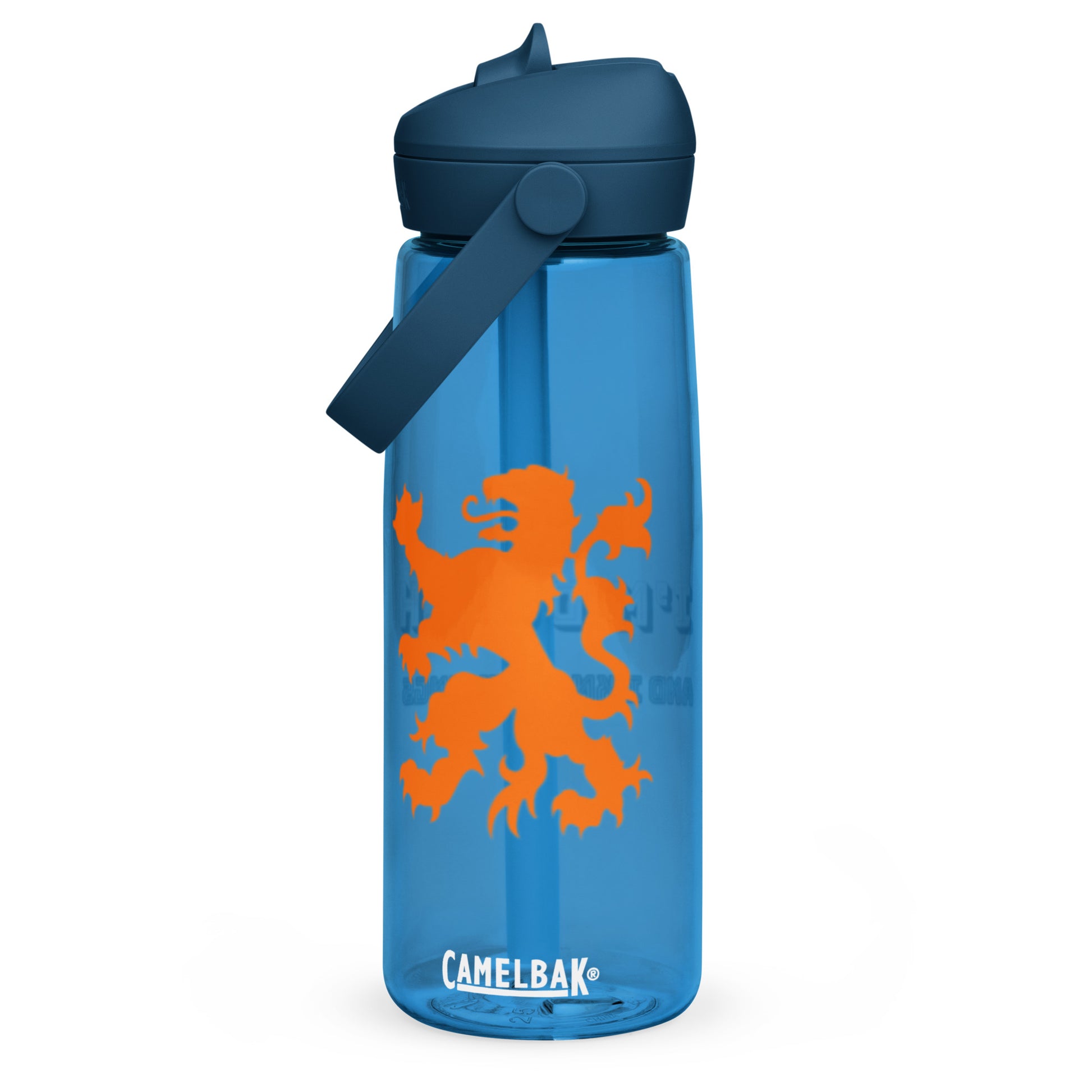 Front view of blue CamelBak bottle with prominent orange lion decal and CamelBak logo