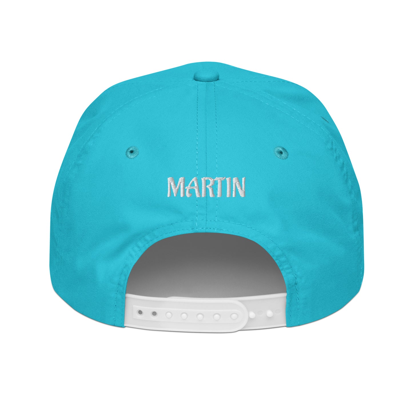 Back view of turquoise golf rope cap with white "MARTIN" embroidery and contrasting snapback