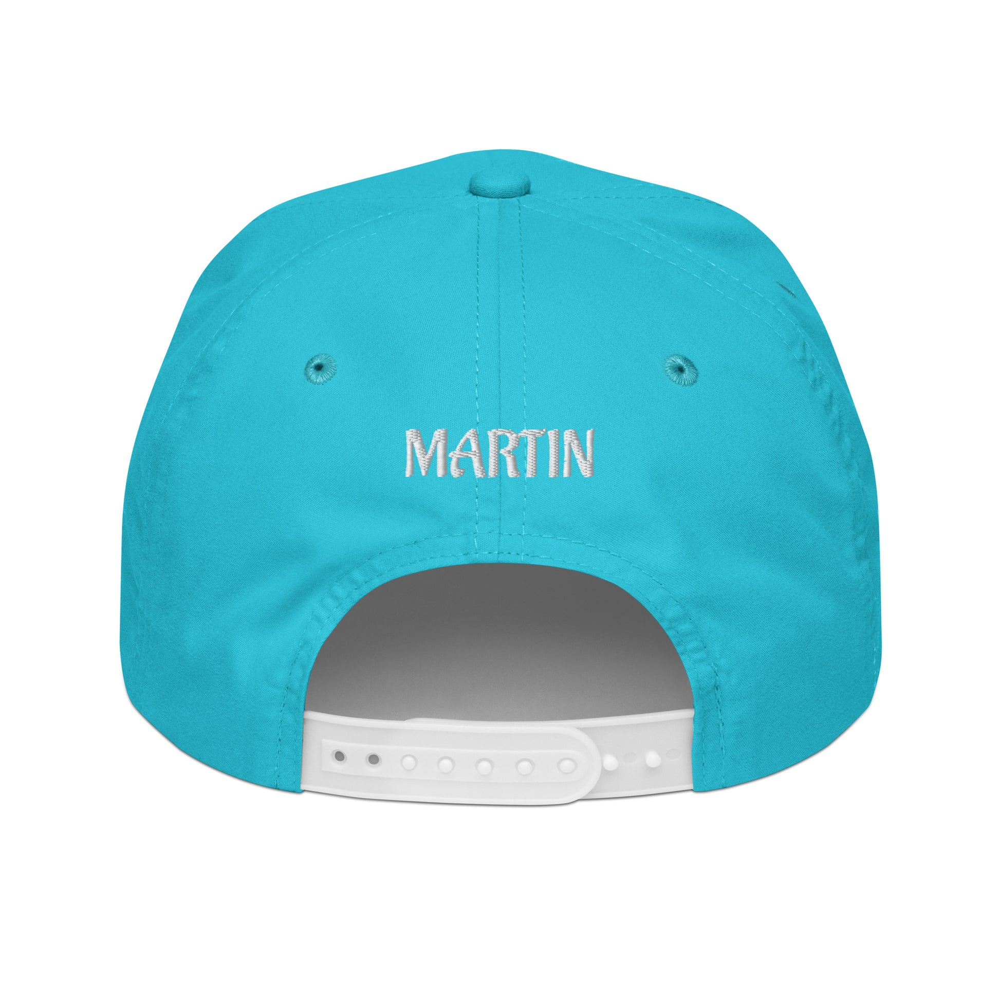 Back view of turquoise golf rope cap with white "MARTIN" embroidery and contrasting snapback
