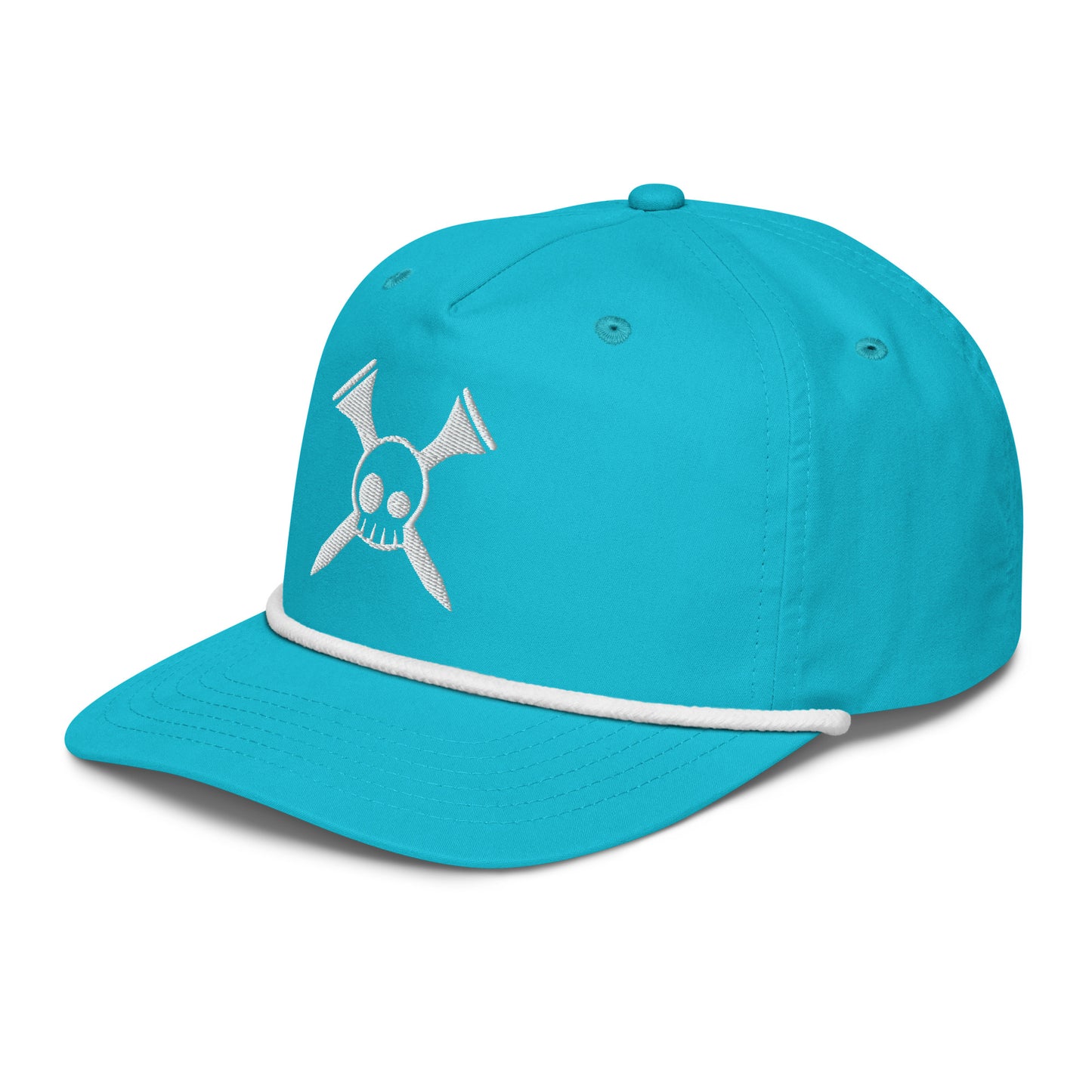 Close-up front of turquoise 5-panel golf rope cap showing white golf clubs skull logo detail