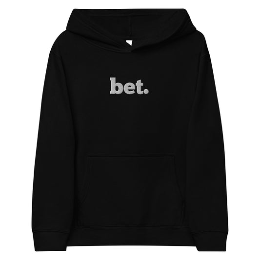 Front view of black kids fleece hoodie with bold silver "bet." embroidery on chest