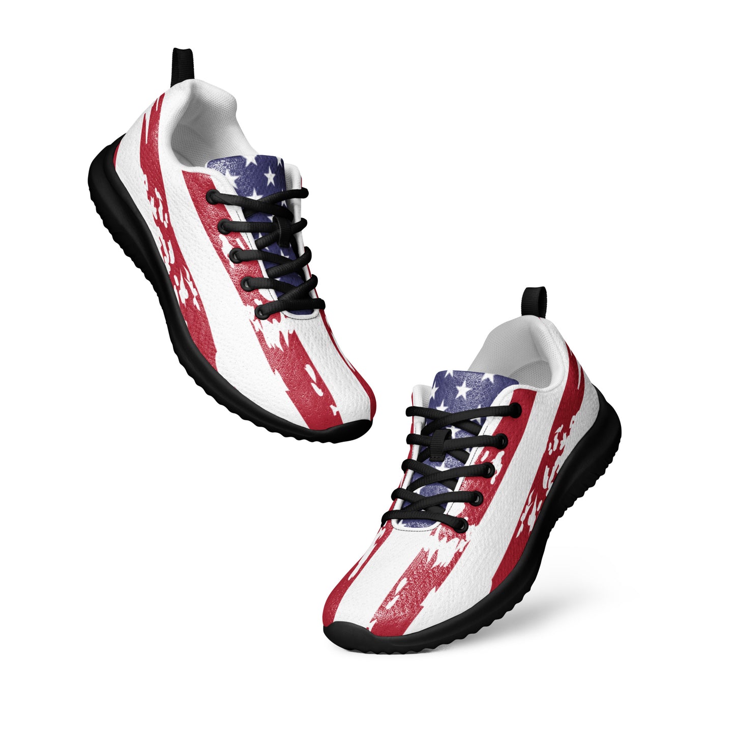 Floating angled front view of patriotic white USA sneakers, bold red stripes over white flyknit, blue star accents on sides