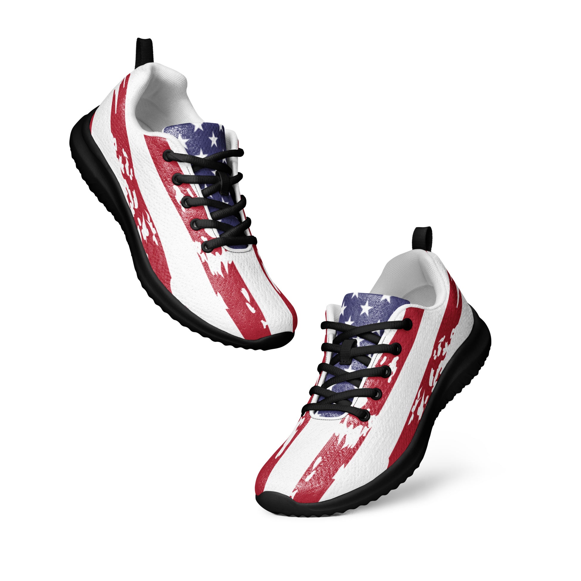 Floating angled front view of patriotic white USA sneakers, bold red stripes over white flyknit, blue star accents on sides