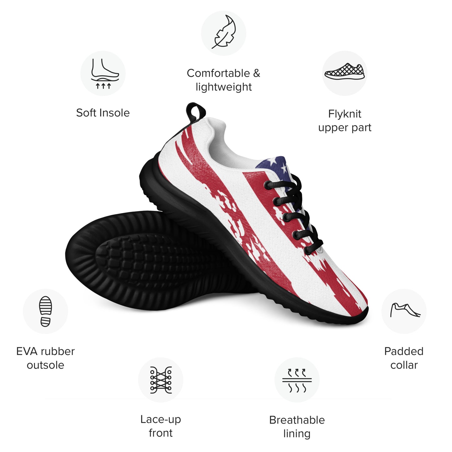 Stacked white red-striped USA sneakers angled back view with feature icons: breathable lining, lace-up front, comfortable lightweight design