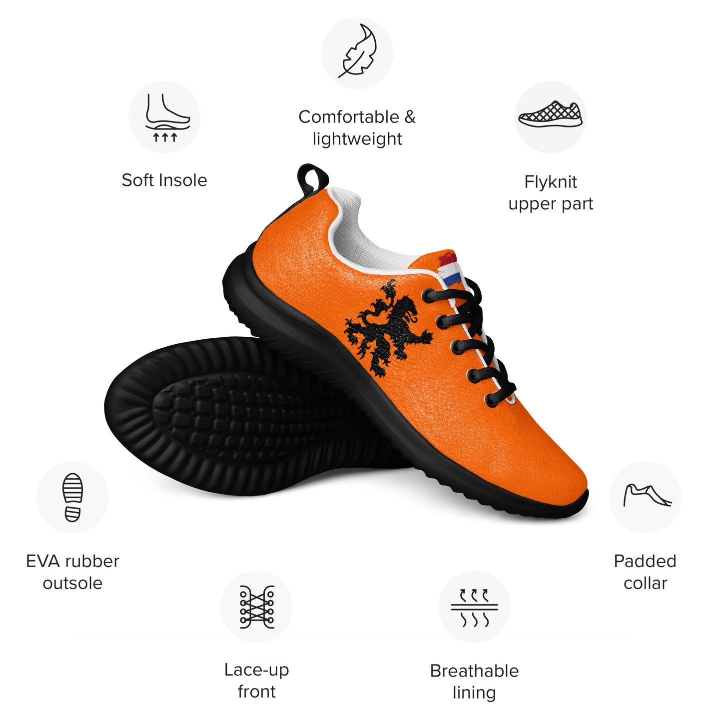 Orange Dutch lion sneakers in angled stack with callouts: flyknit upper, lightweight comfort, lace-up front, grip sole icons