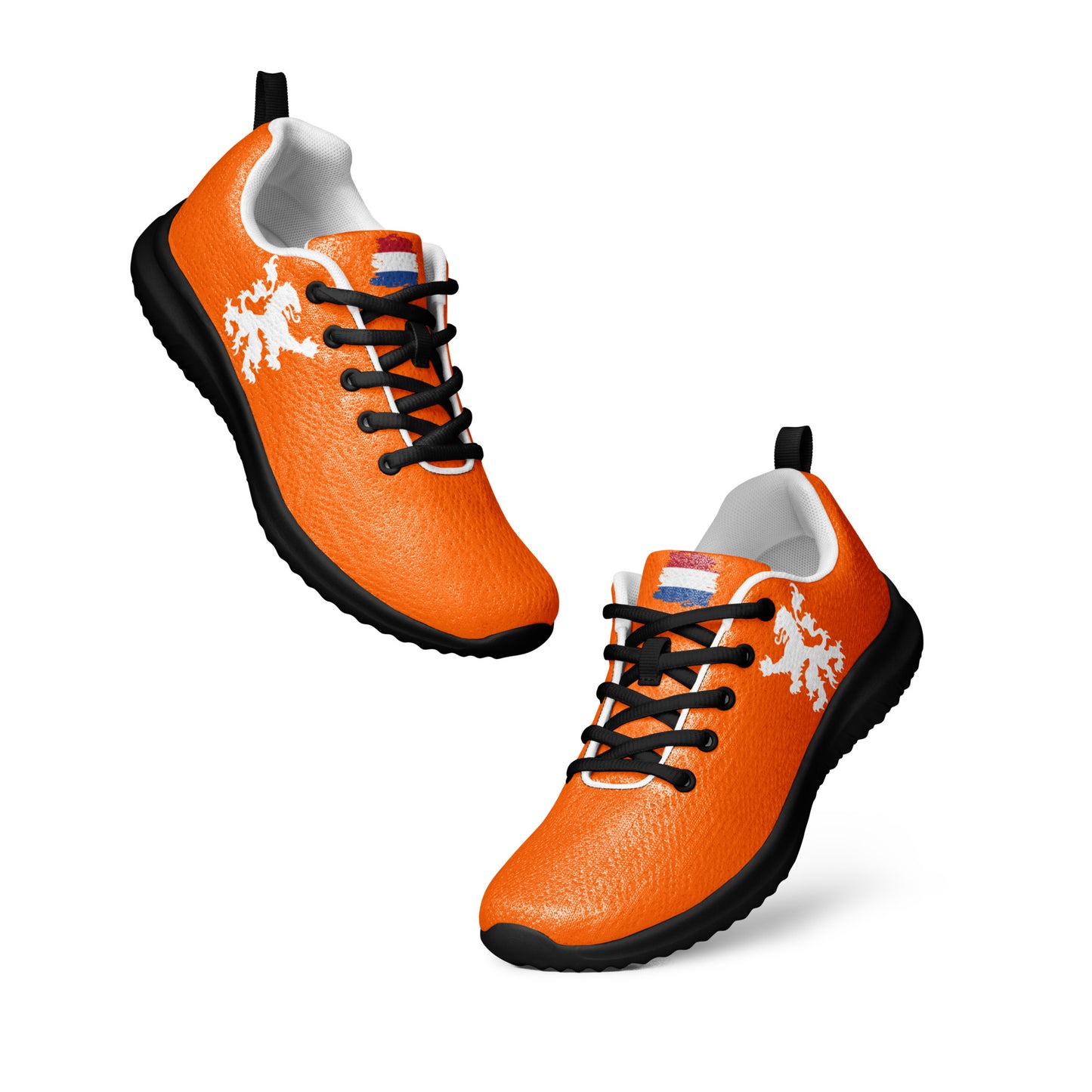 Angled floating orange Dutch lion athletic shoes with black laces & soles, flag accents popping
