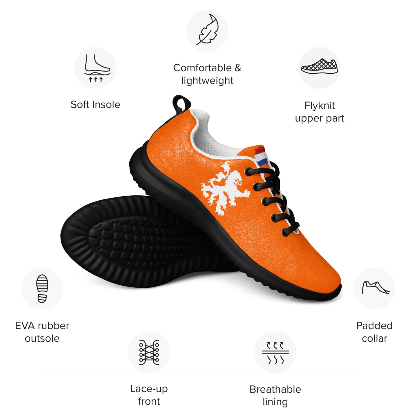 Orange Dutch lion sneakers in angled stack view with white laces & sole, surrounded by flyknit upper, lace-up front, comfort icons