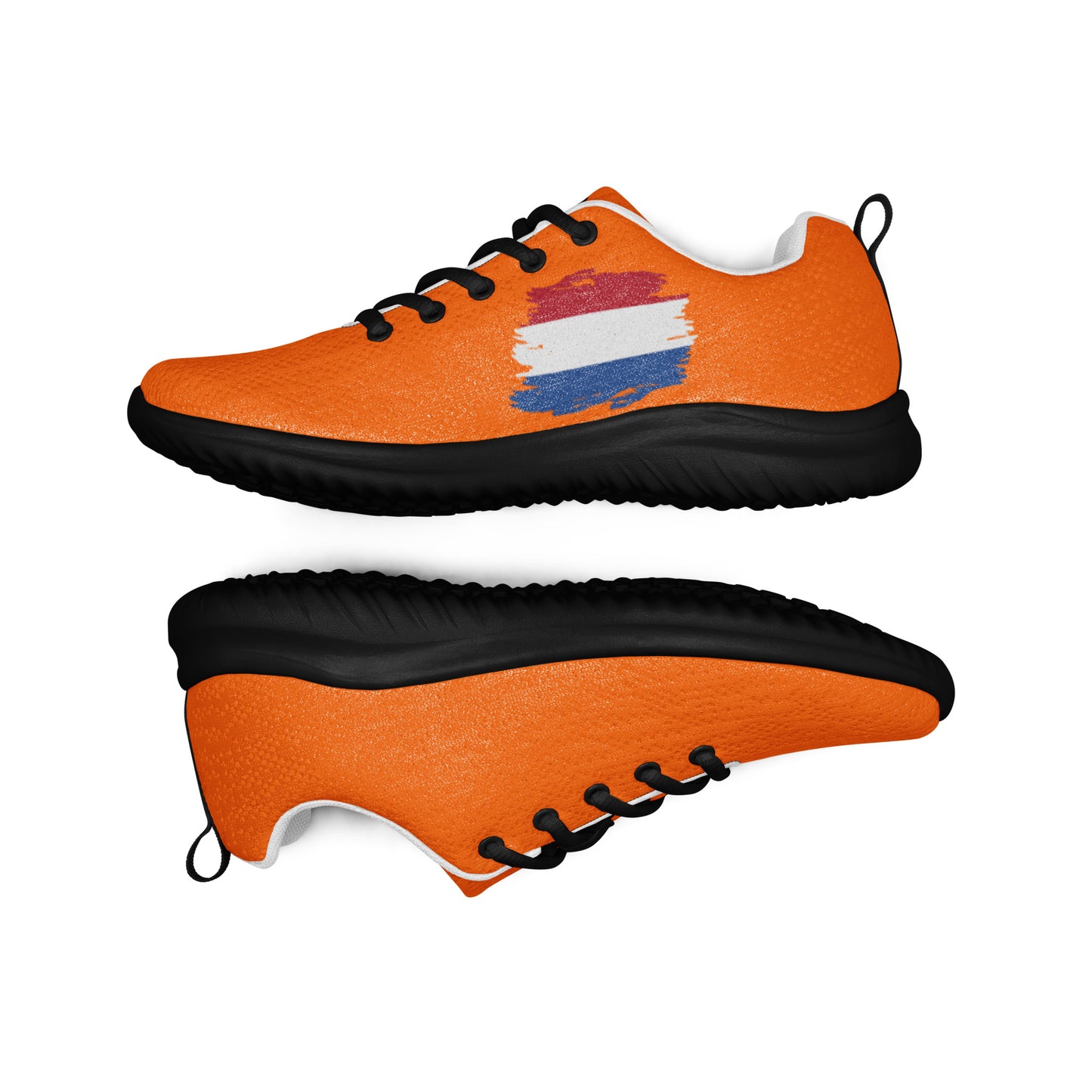 Top & bottom stacked orange flyknit athletic shoes featuring Dutch flag stripe, black laces & outsole