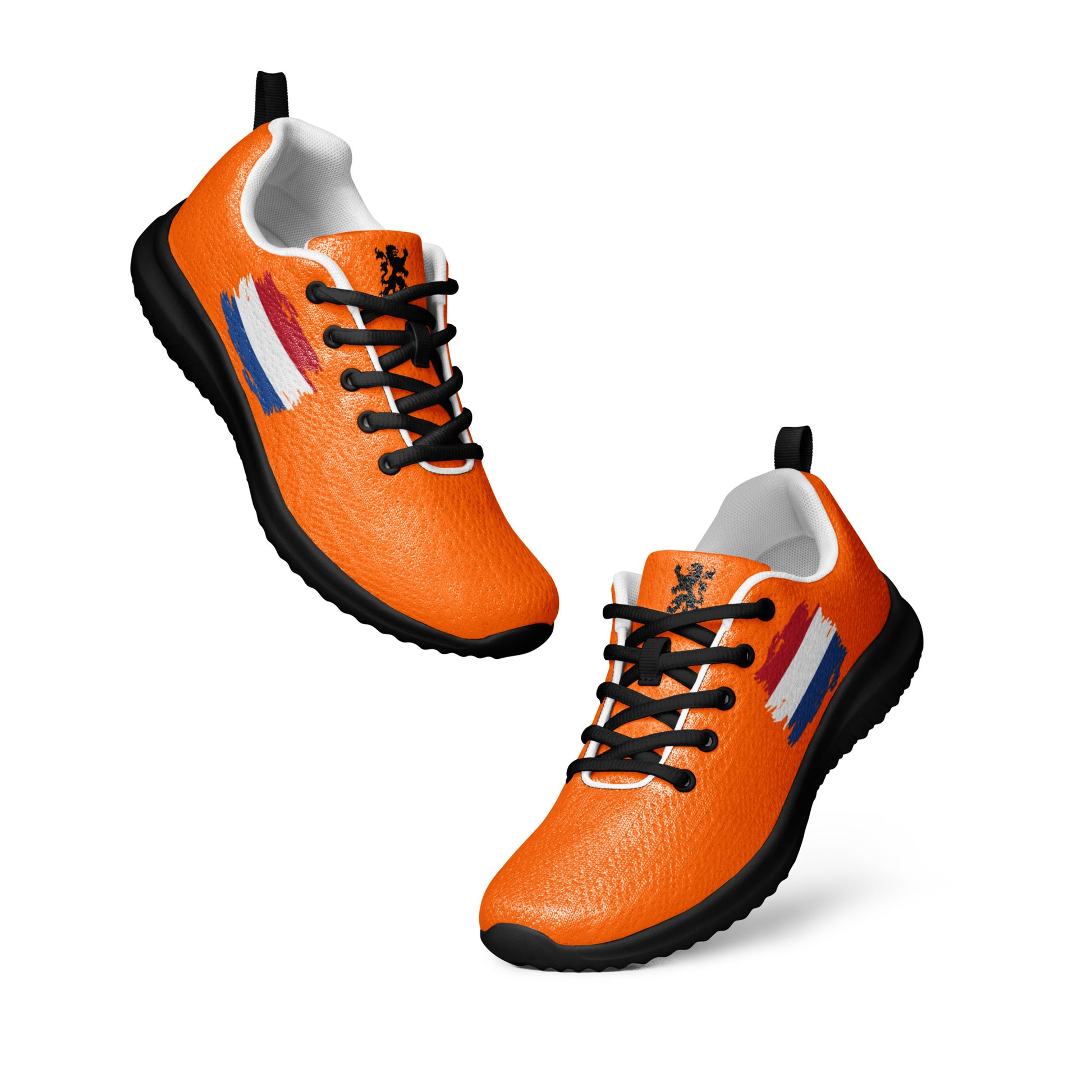 Floating pair of orange Dutch lion & flag stripe athletic shoes, black laces & soles, side-front angles