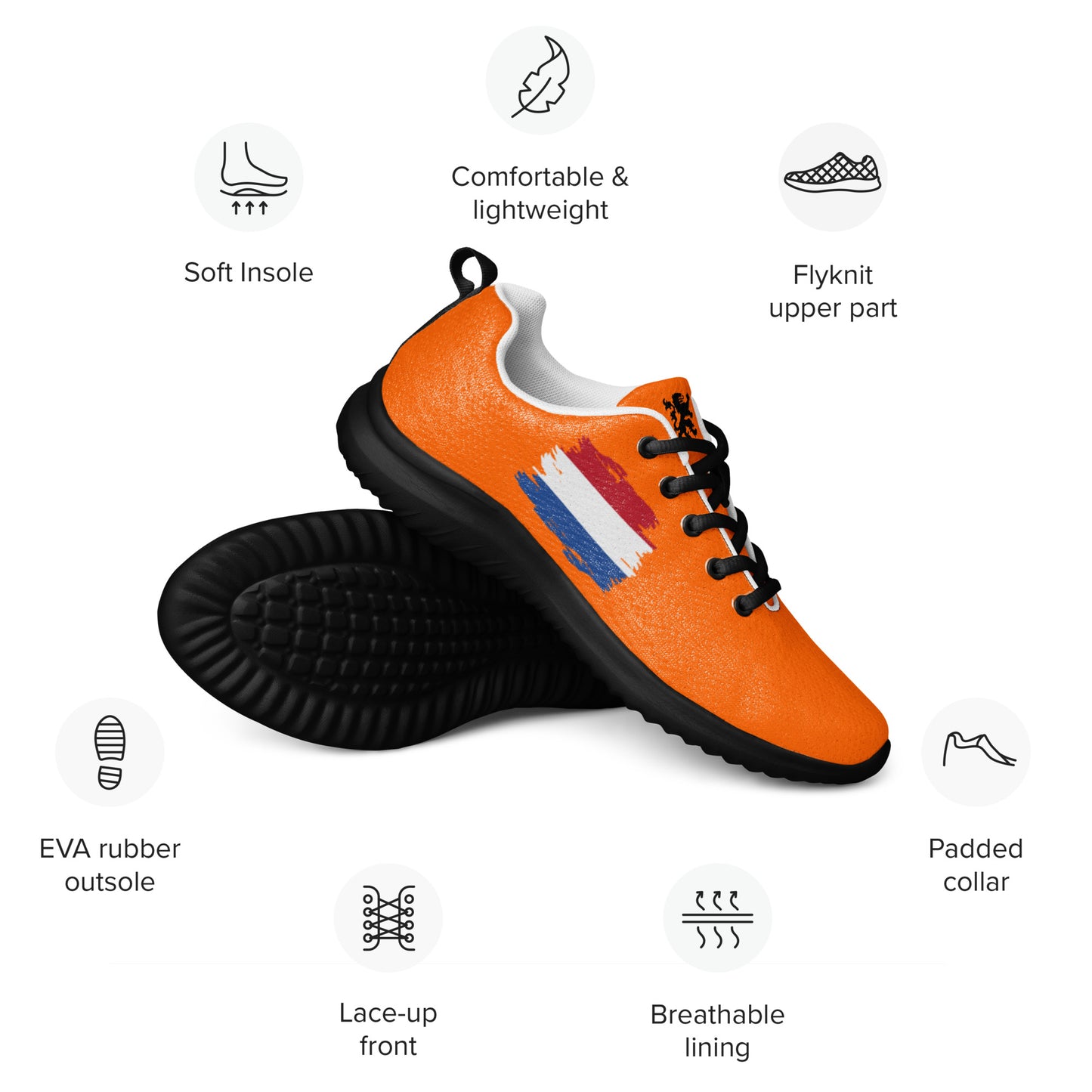 Orange Dutch athletic shoe in flyknit with flag stripe, white laces & sole, surrounded by feature icons: breathable lining, lace-up front, lightweight comfort