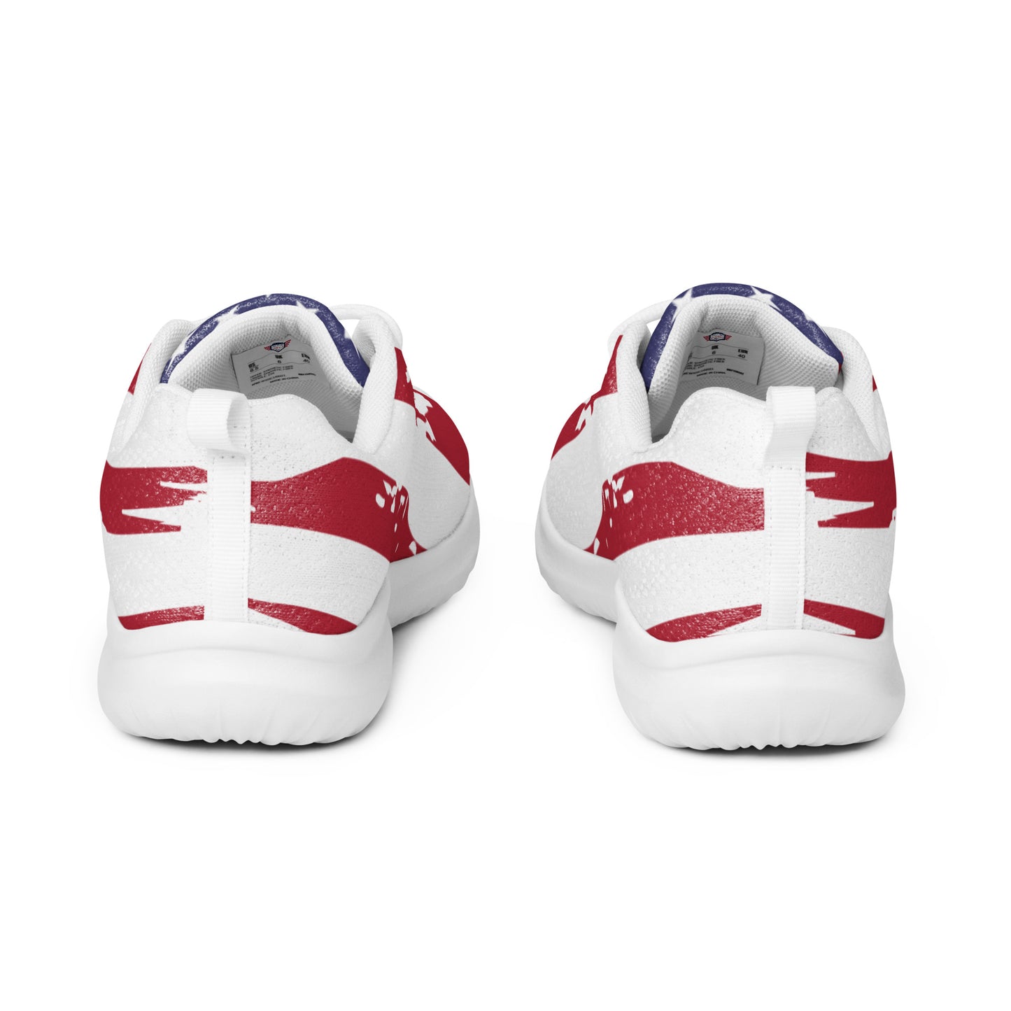 Heel view of pair white red blue flag athletic sneakers, patriotic stripes and accents on padded collar and outsole