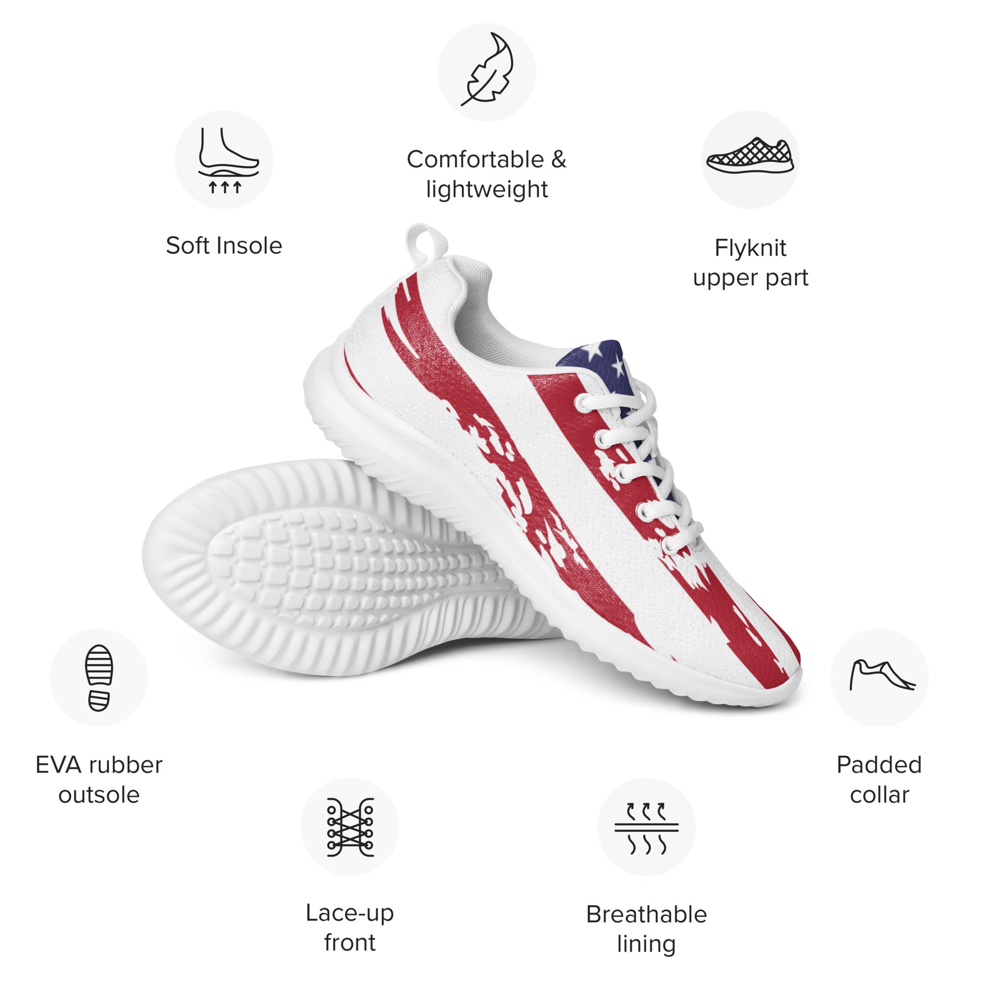 Feature graphic of stacked white USA flag men's athletic shoes with red stripes, blue stars, and icons for flyknit upper, soft insole, padded collar