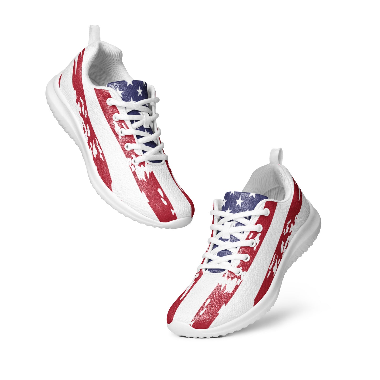 Pair of white men's athletic shoes with red brushstroke stripes and blue flag stars, angled front floating view, laces ready to tie