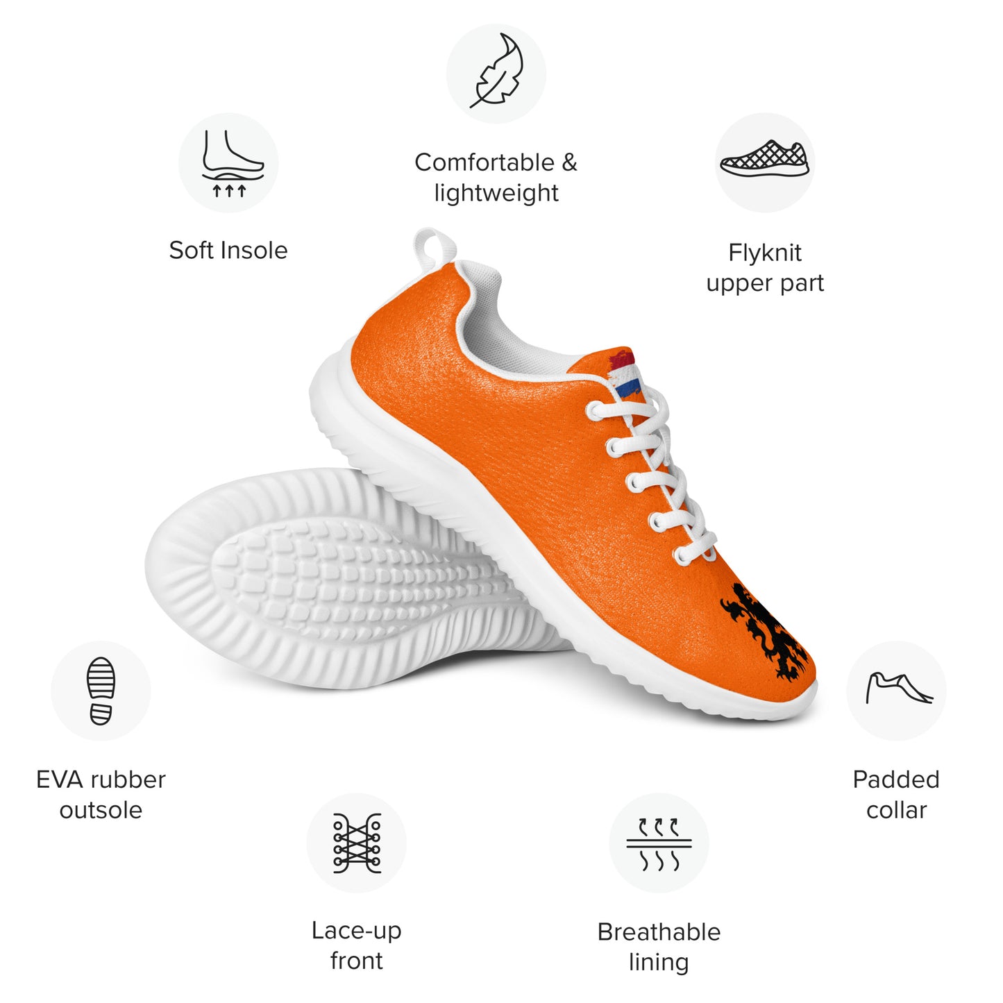 Orange flyknit athletic shoes with black lion emblem stacked over white outsole, feature icons for soft insole, breathable lining, padded collar