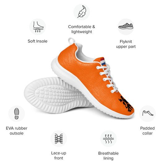 Orange flyknit athletic shoes with black lion emblem stacked over white outsole, feature icons for soft insole, breathable lining, padded collar