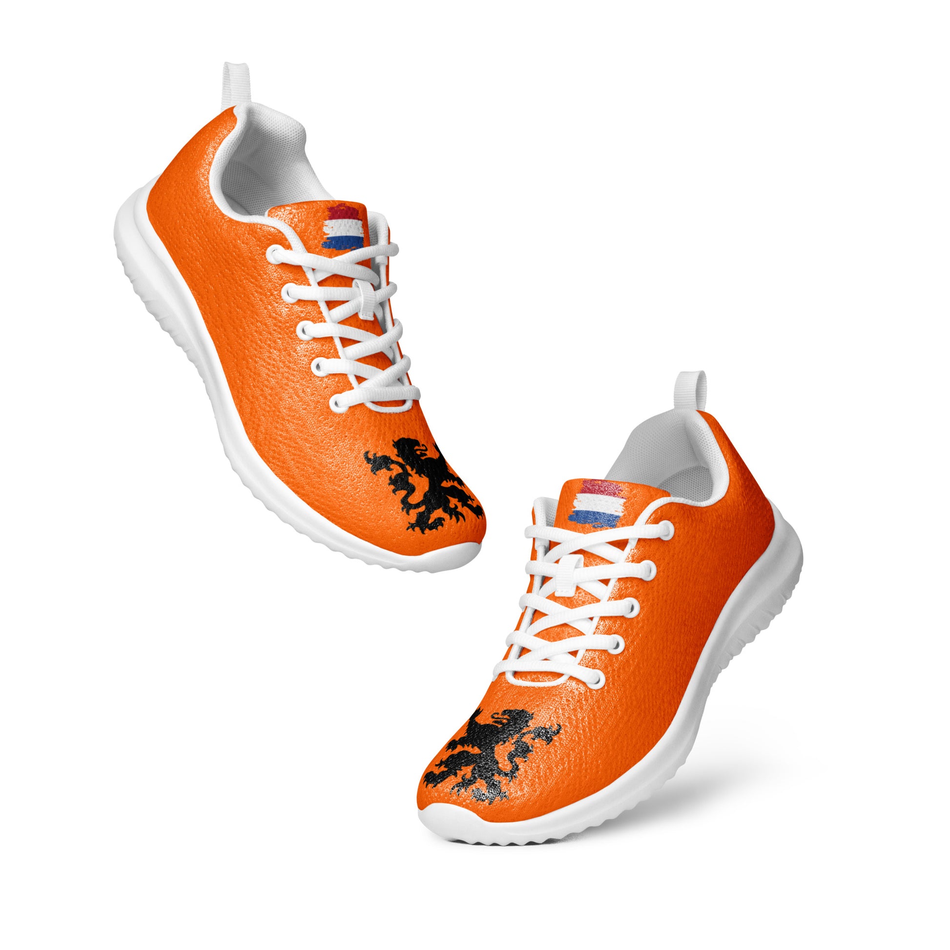 Angled floating pair of orange men's athletic shoes showing black Dutch lion and flag stripes, white laces and soles