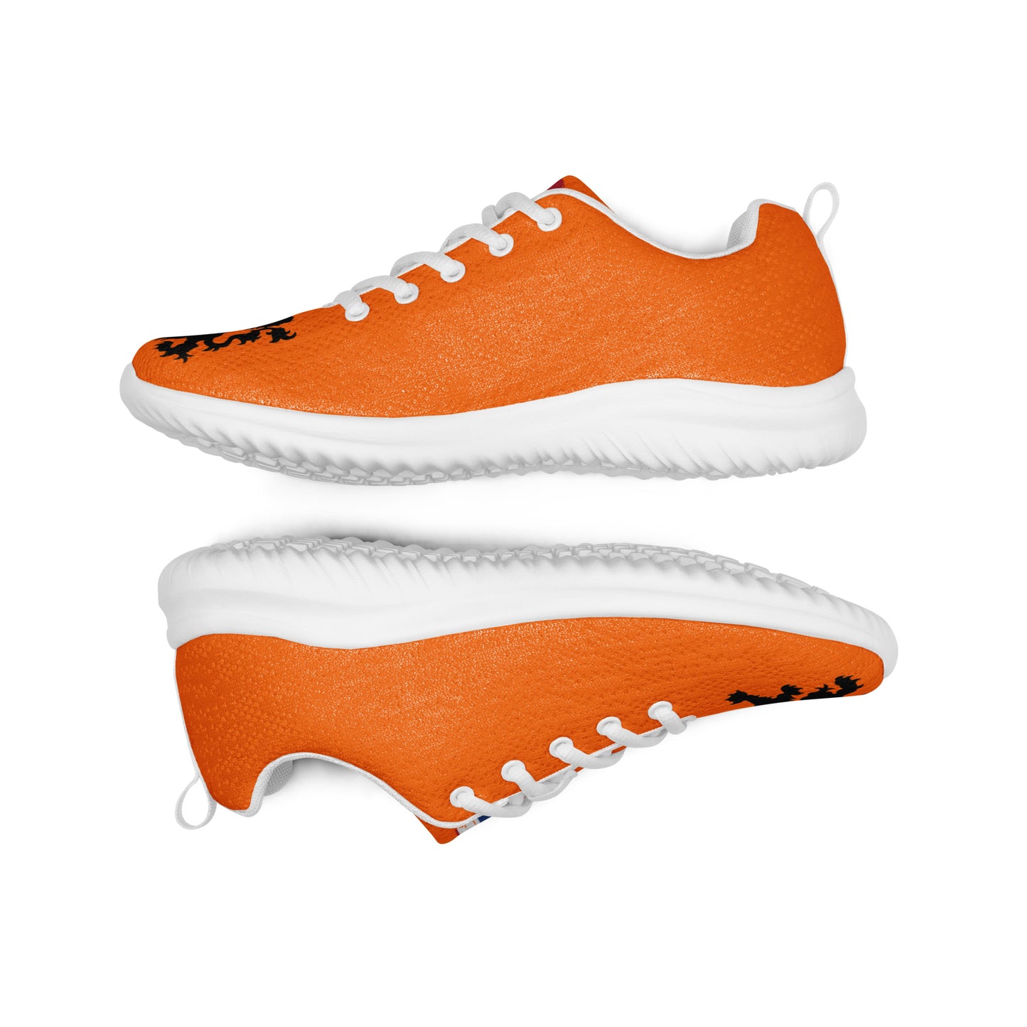 Top-down pair of orange Dutch lion athletic shoes with black outsoles and laces, flyknit texture popping