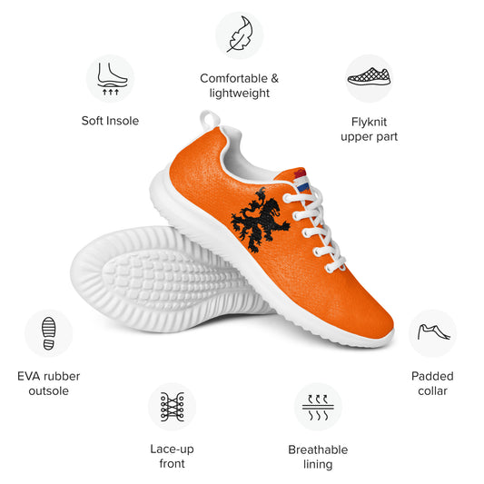 Feature graphic of stacked orange flyknit athletic shoes with black Dutch lion, icons for soft insole, padded collar, breathable lining