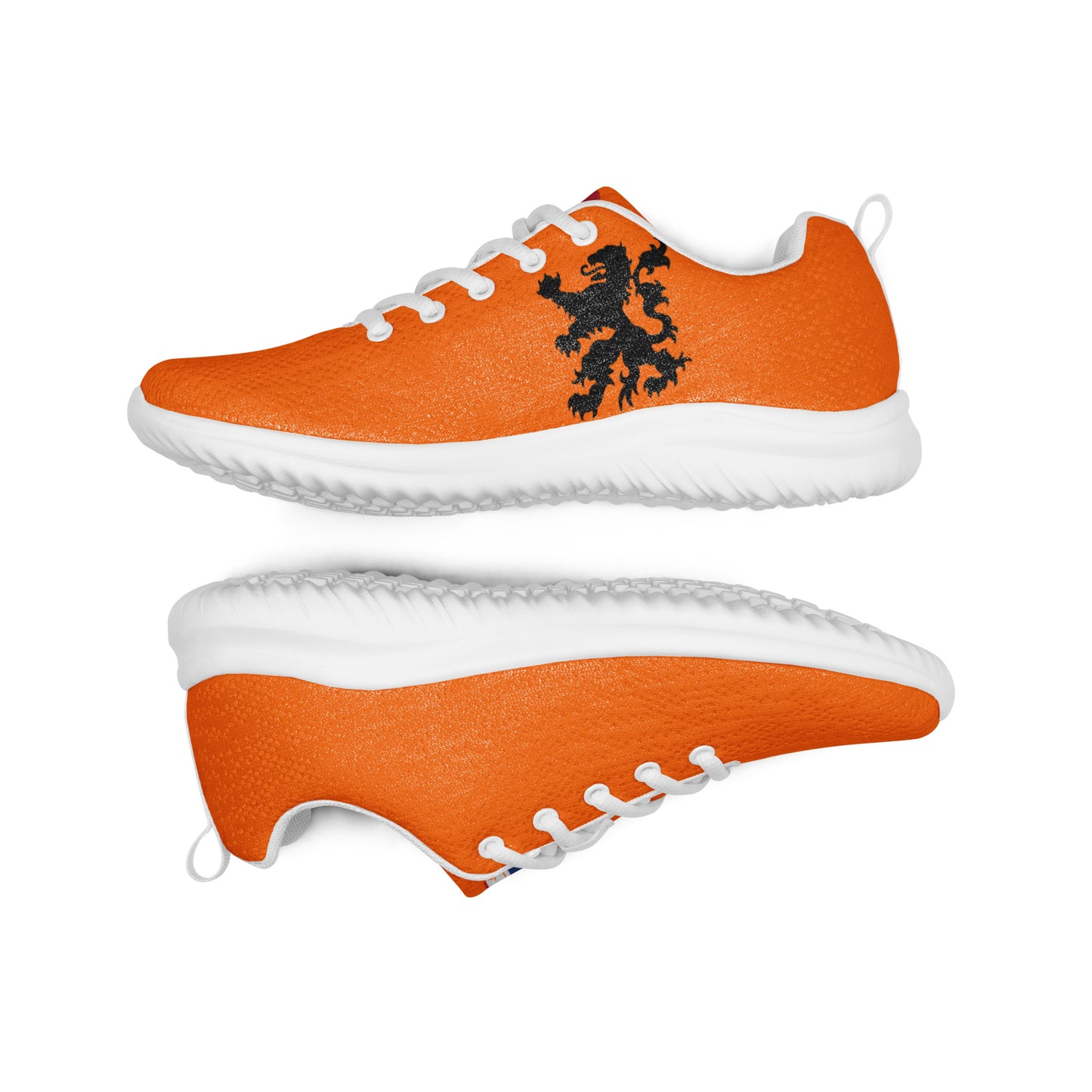Floating pair of orange men's athletic shoes, left side lion emblem, right Dutch flag stripes, white laces and midsole