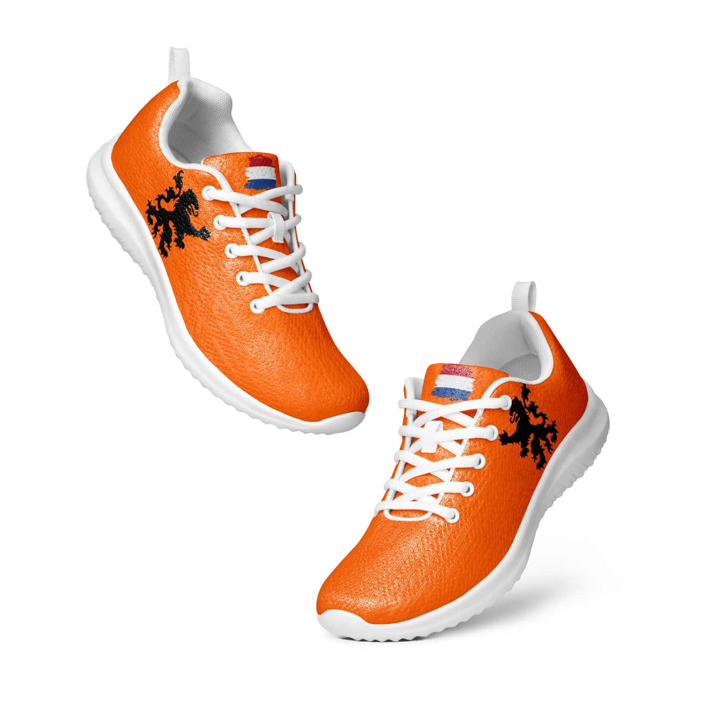 Angled duo of orange flyknit kicks showing black lion embroidery, Dutch stripes, white laces on padded collar design