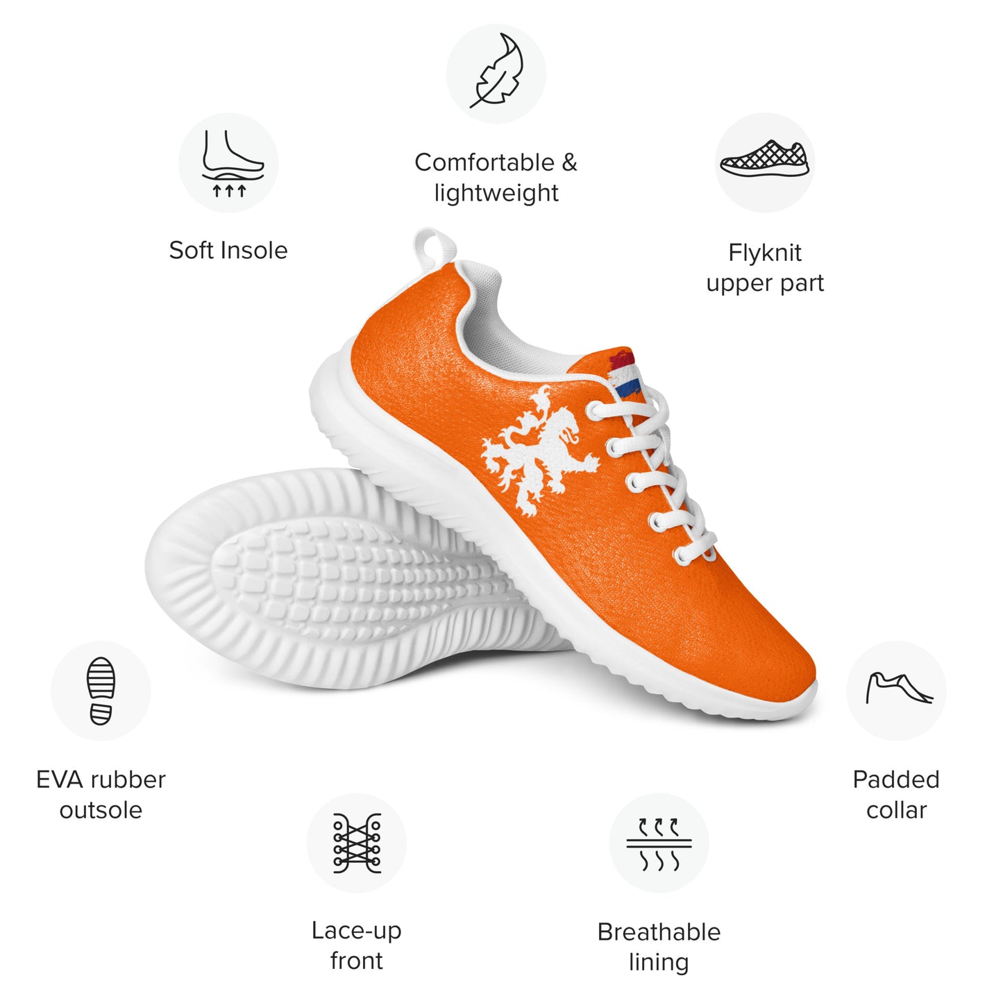 Feature graphic of stacked orange flyknit athletic shoes with white Dutch lion emblem, white laces & sole, icons for soft insole, padded collar, breathable lining