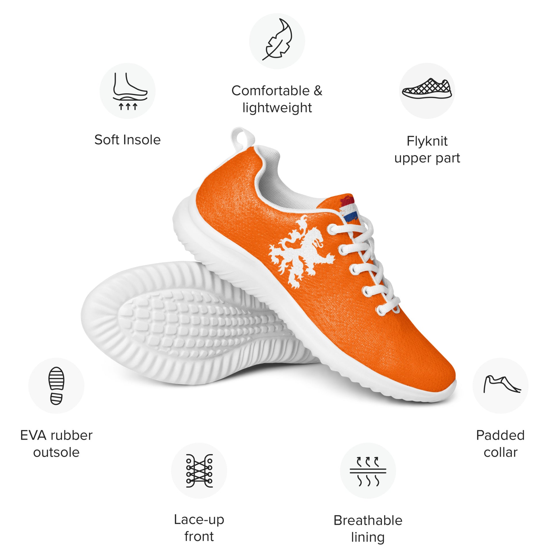 Feature graphic of stacked orange flyknit athletic shoes with white Dutch lion emblem, white laces & sole, icons for soft insole, padded collar, breathable lining