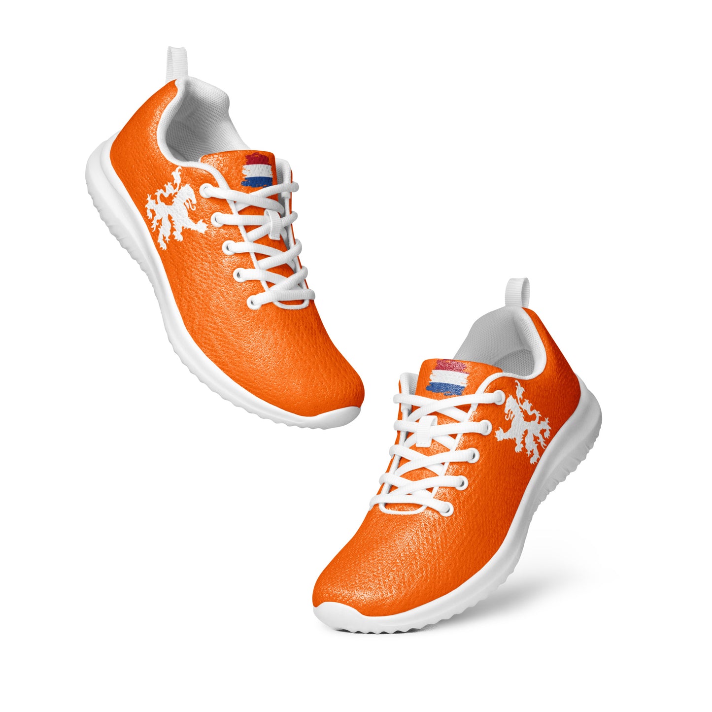 Floating angled pair of vibrant orange men's athletic shoes, white Dutch lion & flag details, white laces & soles
