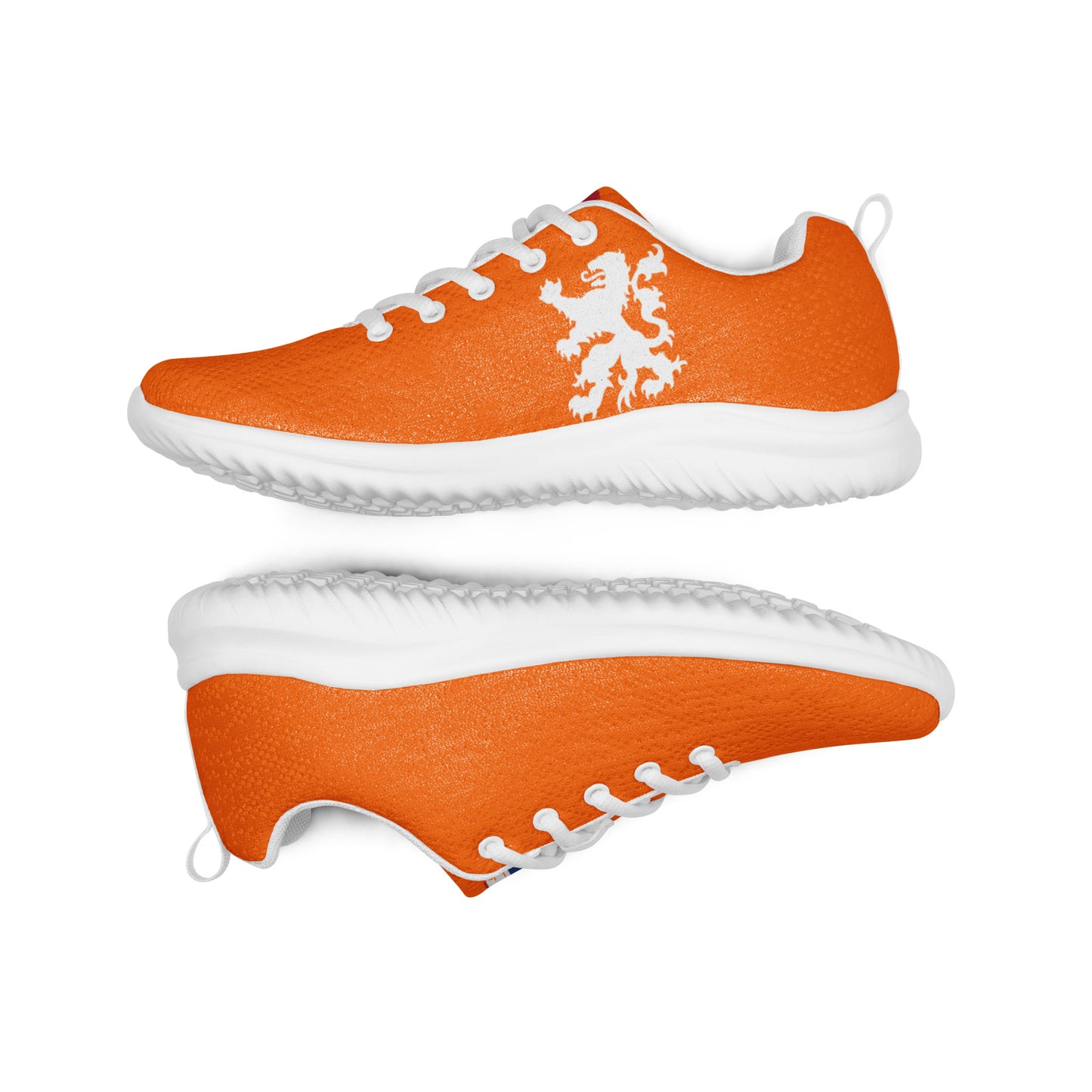 Top-bottom view of orange flyknit shoe pair showing white lion emblem & Dutch stripes, white laces & chunky soles