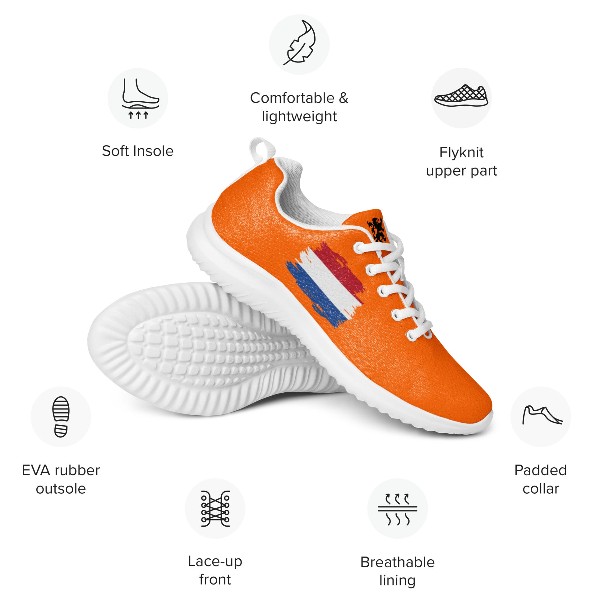 Feature infographic around angled orange flyknit athletic shoe with Dutch flag stripe, white laces & sole, icons for soft insole, flyknit upper, padded collar