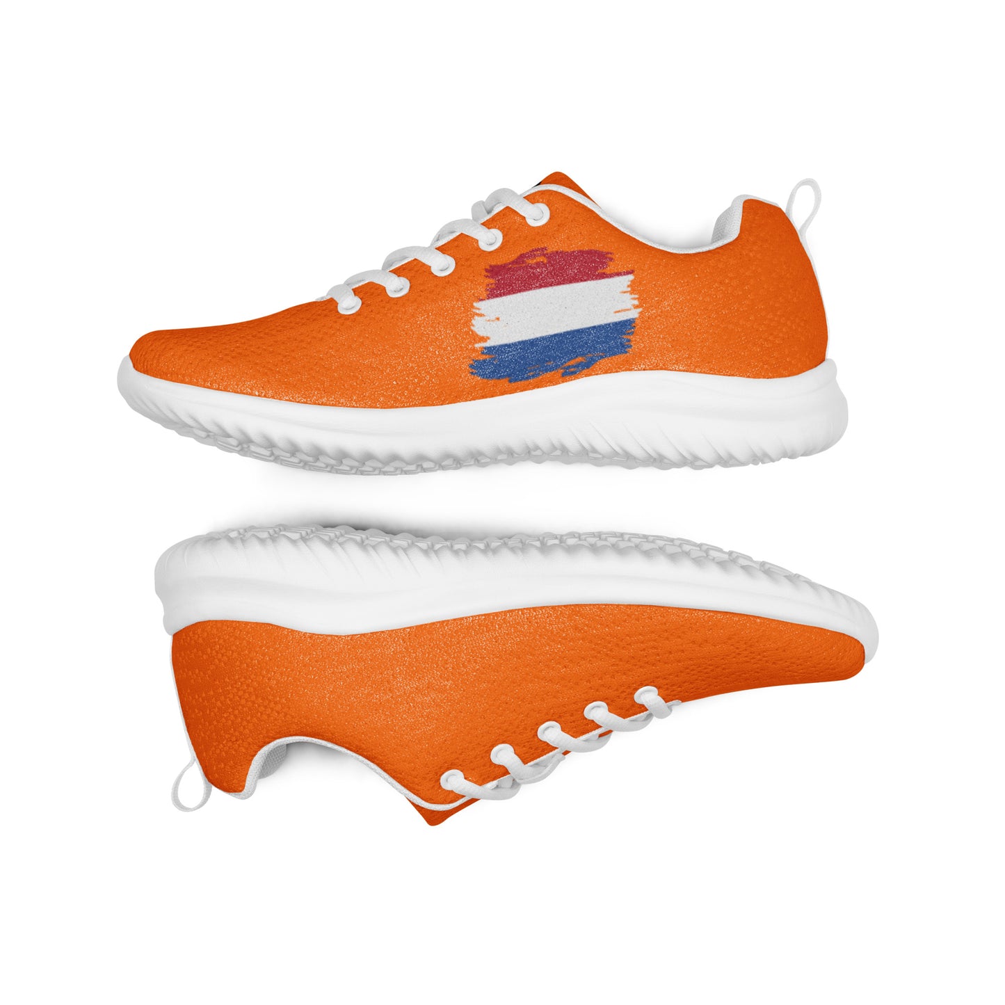 Stacked top & bottom views of orange 'Dutch' flyknit sneakers with flag stripe, white laces & cushy sole exposed
