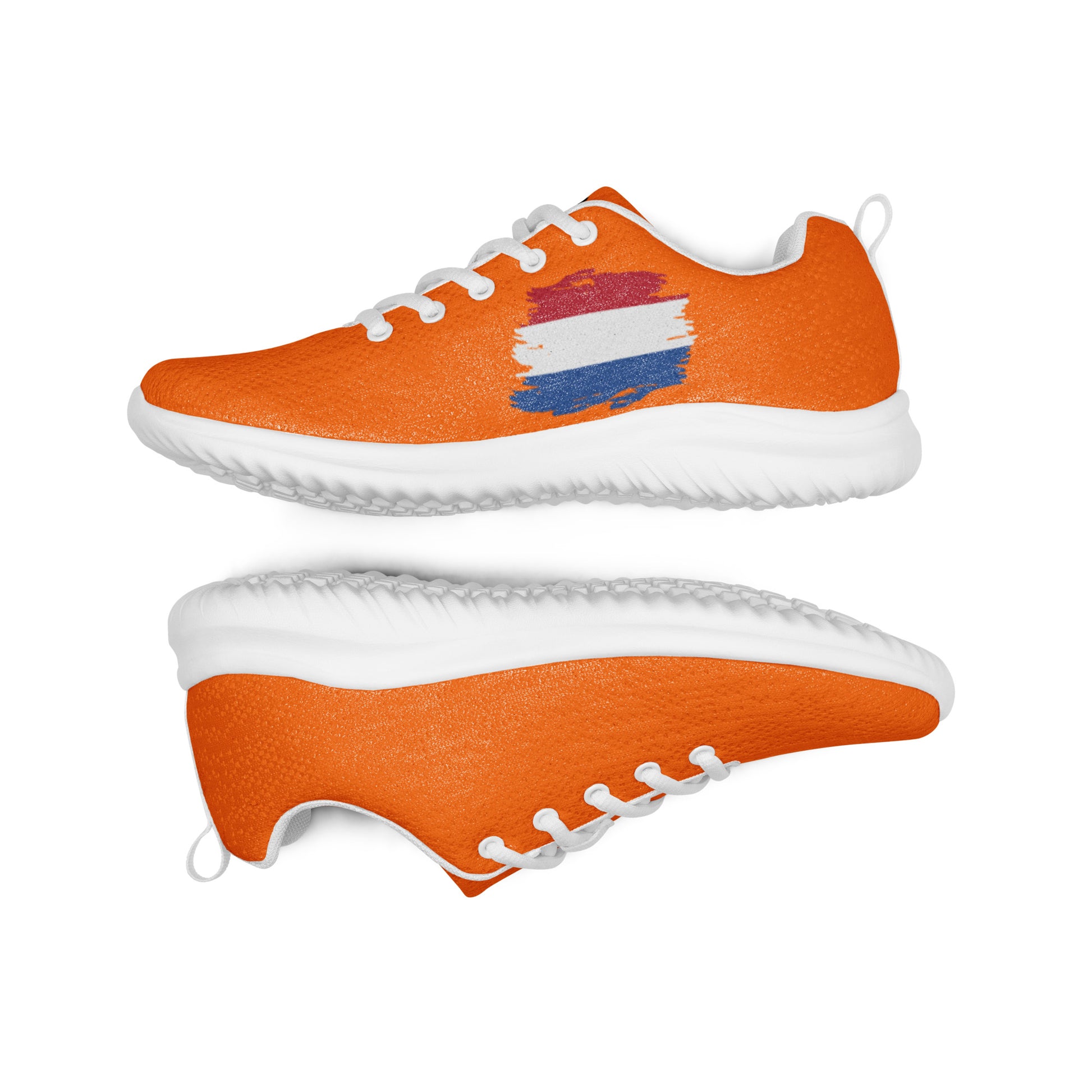 Stacked top & bottom views of orange 'Dutch' flyknit sneakers with flag stripe, white laces & cushy sole exposed