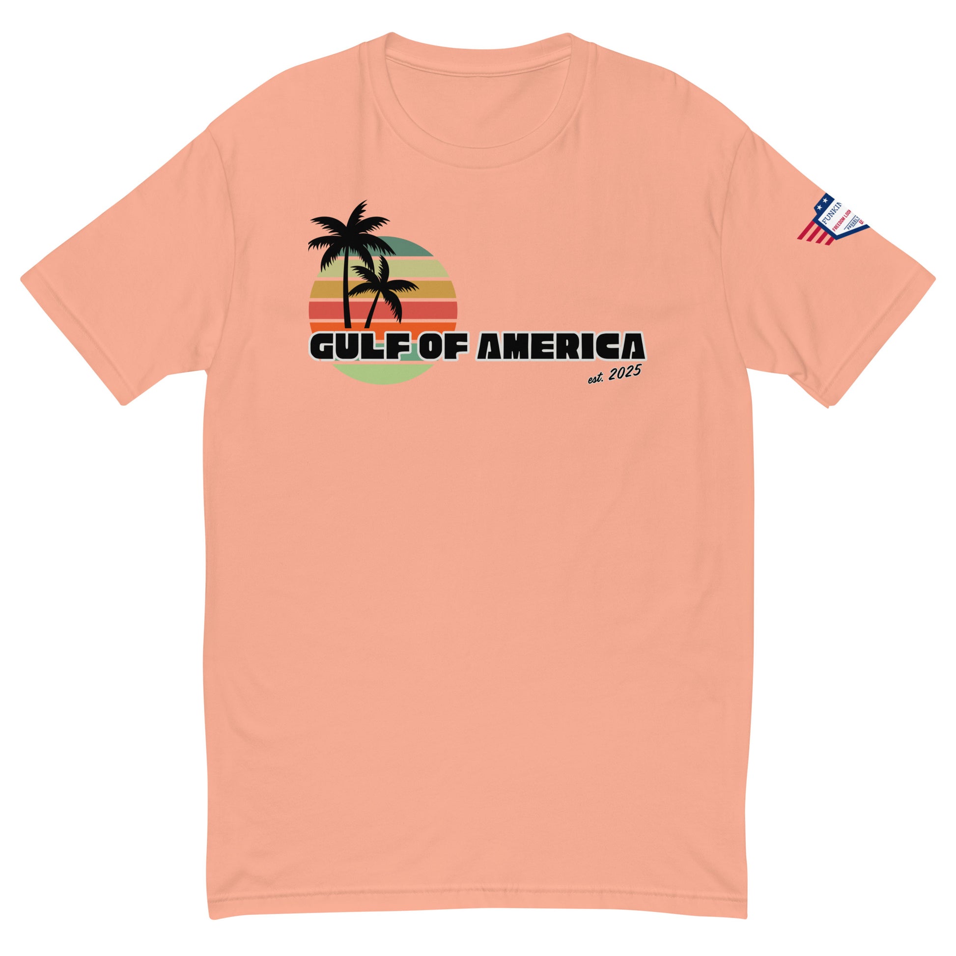 Coral pink fitted shirt front with "GULF OF AMERICA est 2025" sunset palms design and stars-n-stripes patch