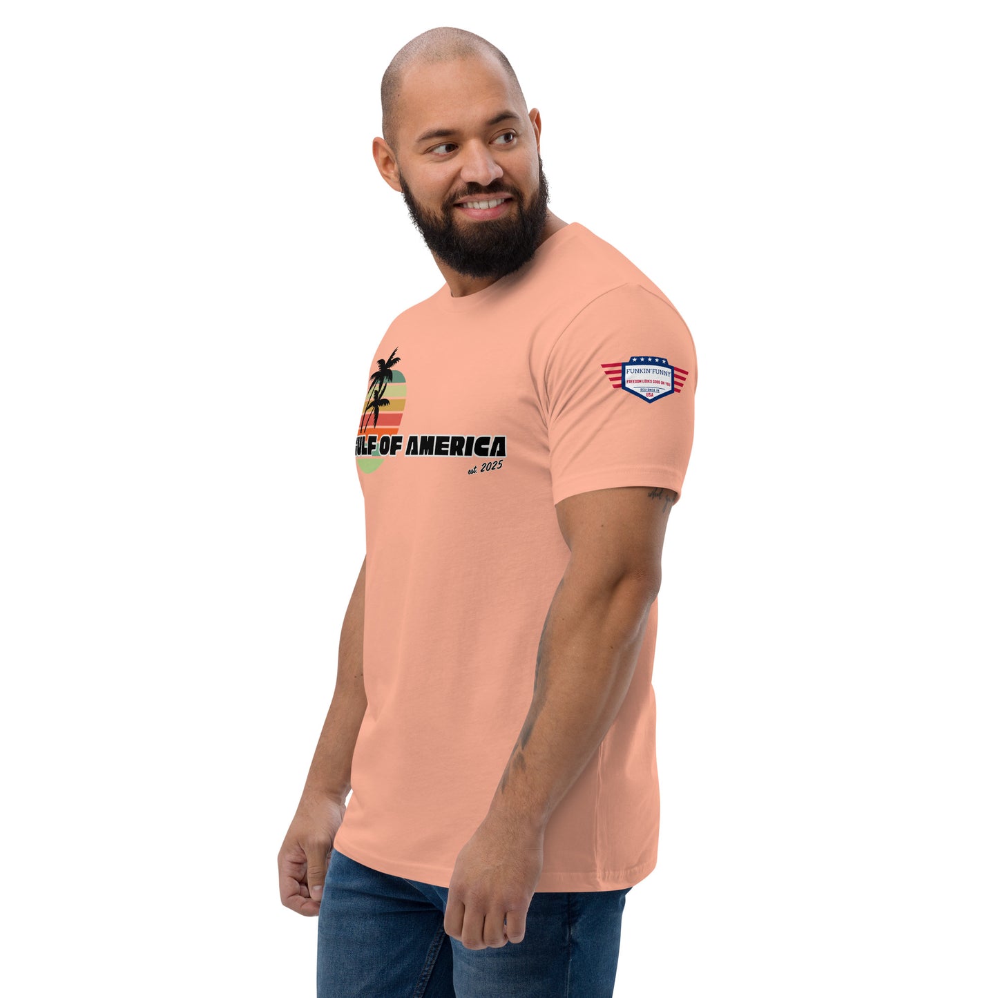 Left side profile of Desert Pink Gulf of America tee on model, partial palm stripes and sleeve flag