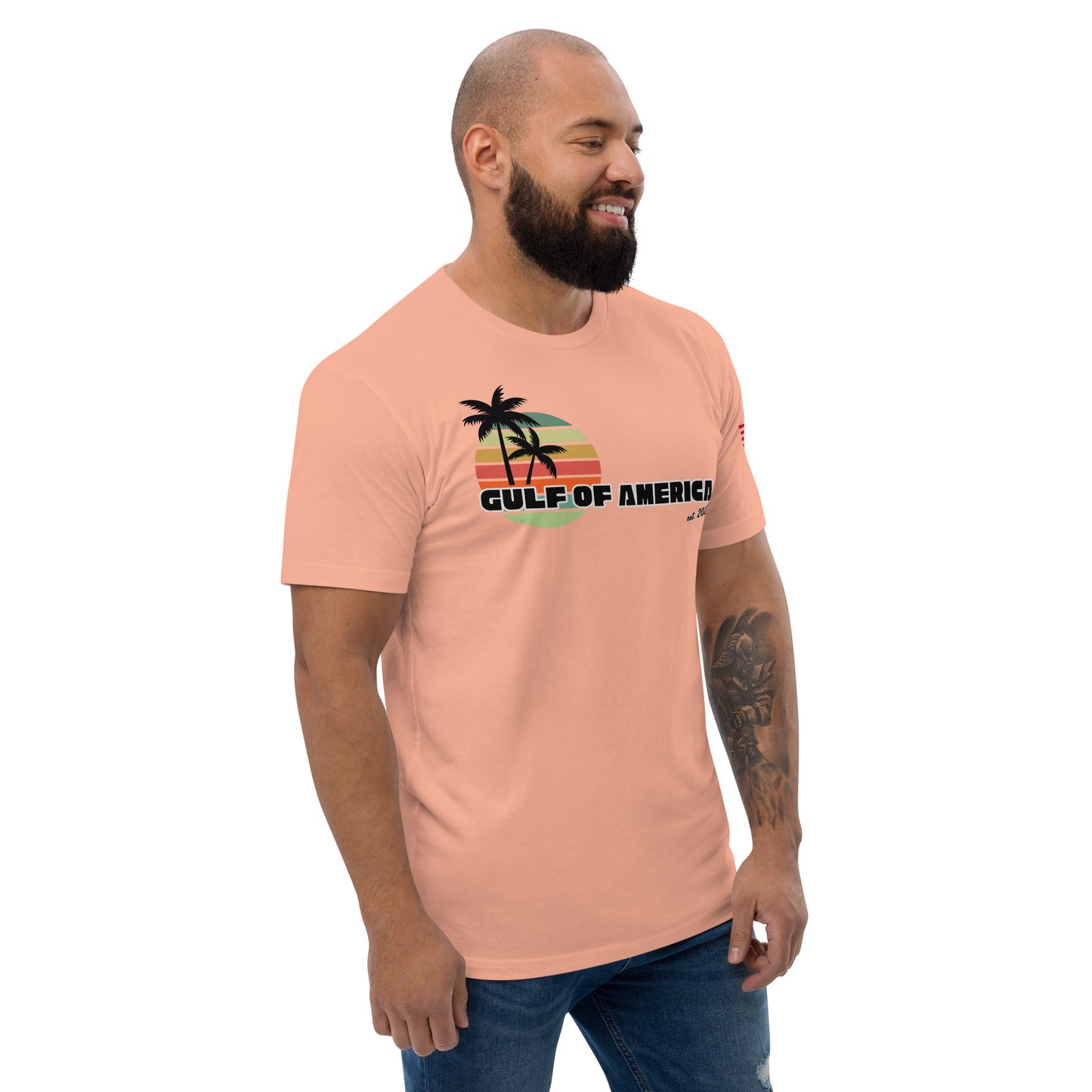 Right side view of Desert Pink fitted shirt, smiling model with palm tree graphic popping