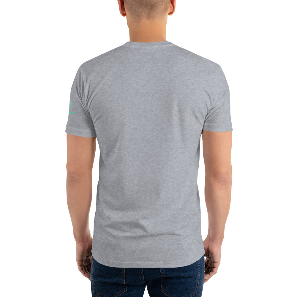 Back view of model in plain heather grey fitted short-sleeve tee, clean and ready for trades